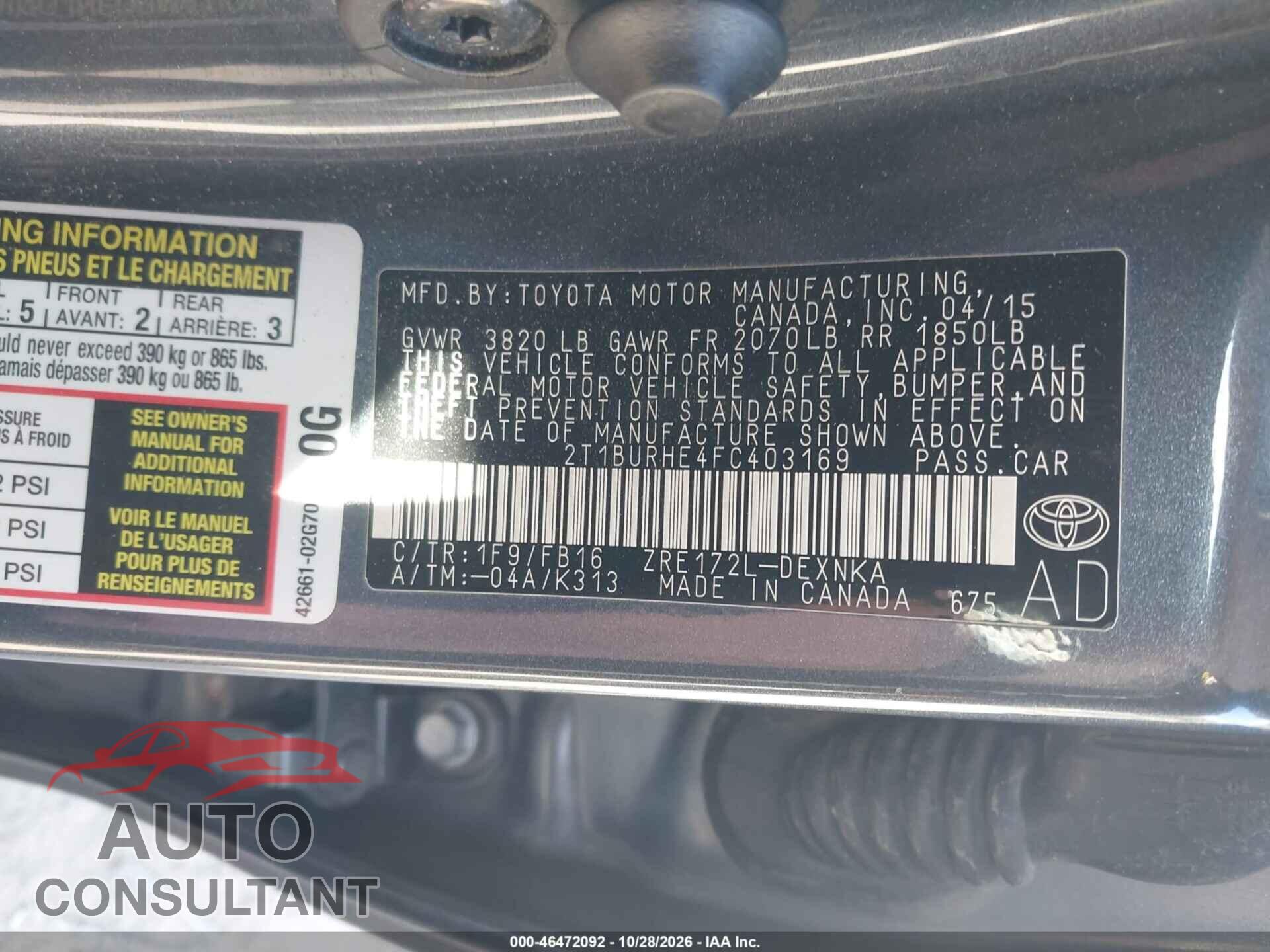 TOYOTA COROLLA 2015 - 2T1BURHE4FC403169