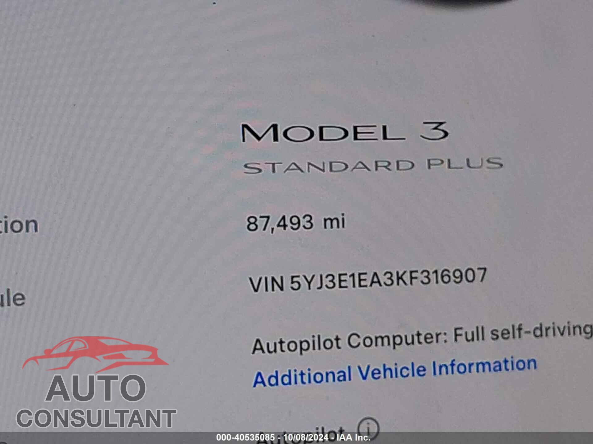 TESLA MODEL 3 2019 - 5YJ3E1EA3KF316907