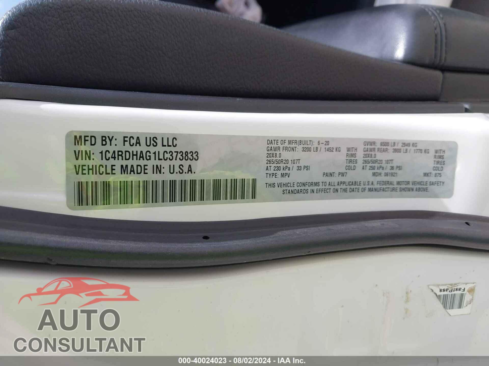 DODGE DURANGO 2020 - 1C4RDHAG1LC373833