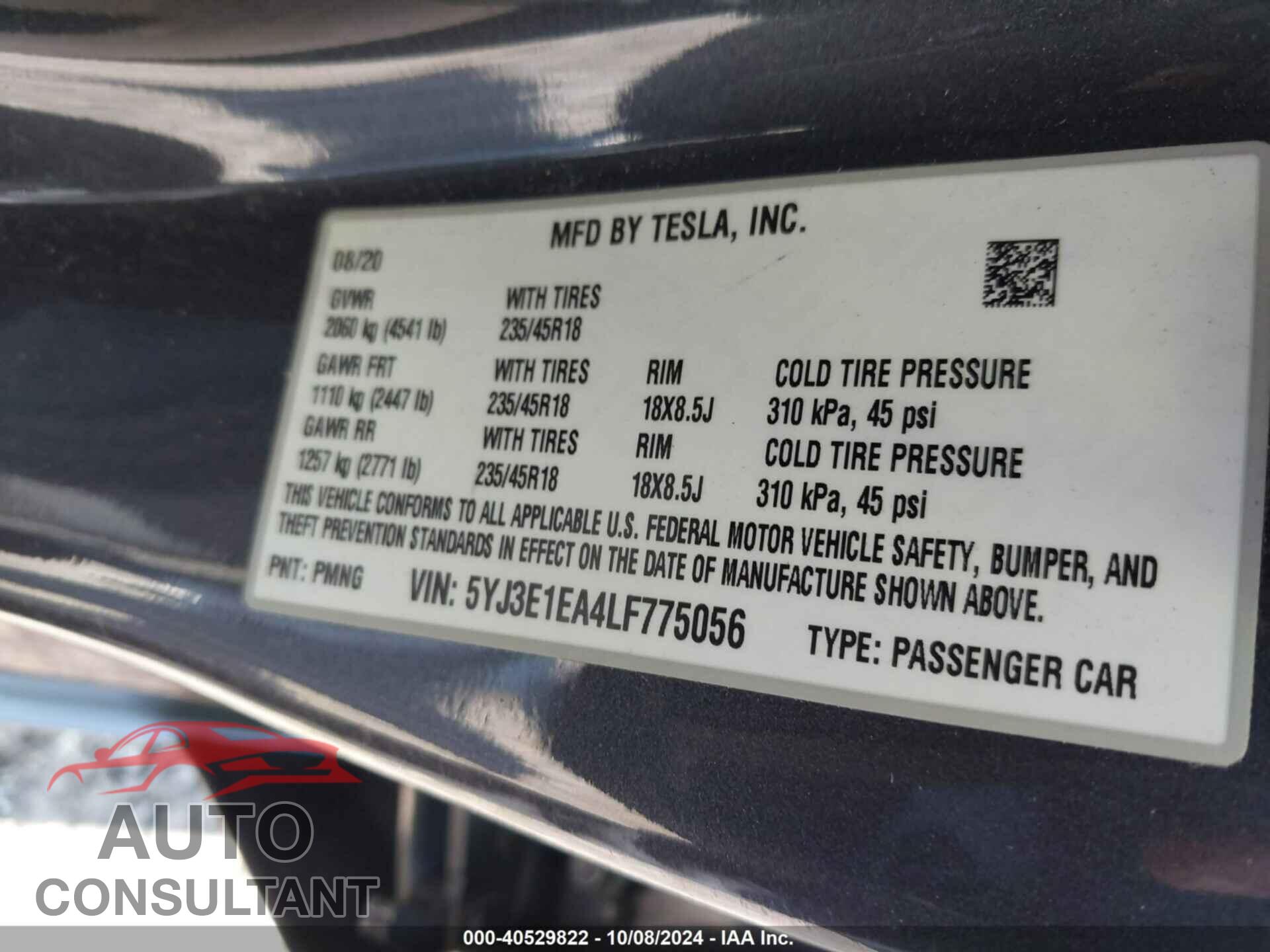 TESLA MODEL 3 2020 - 5YJ3E1EA4LF775056