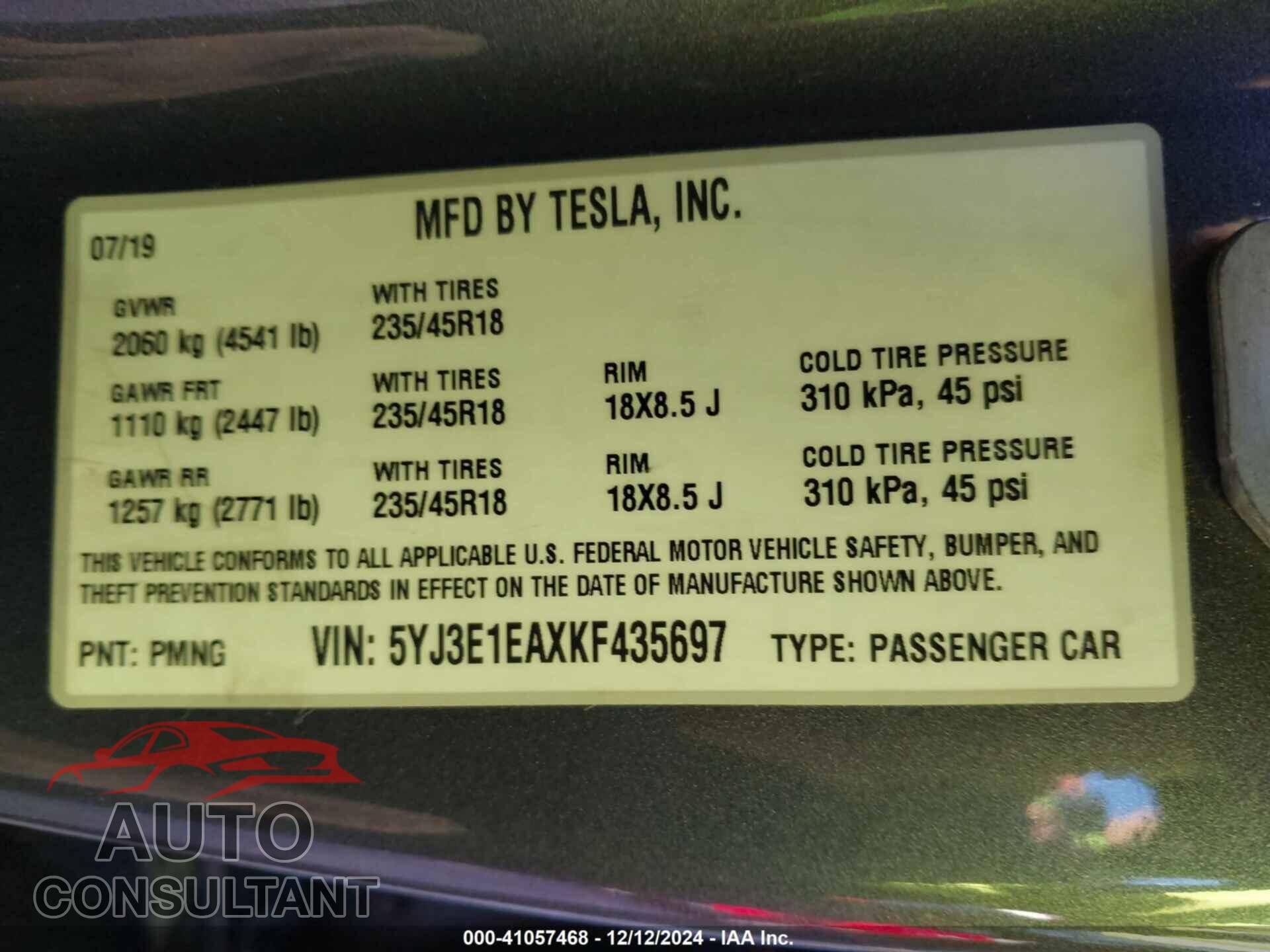 TESLA MODEL 3 2019 - 5YJ3E1EAXKF435697