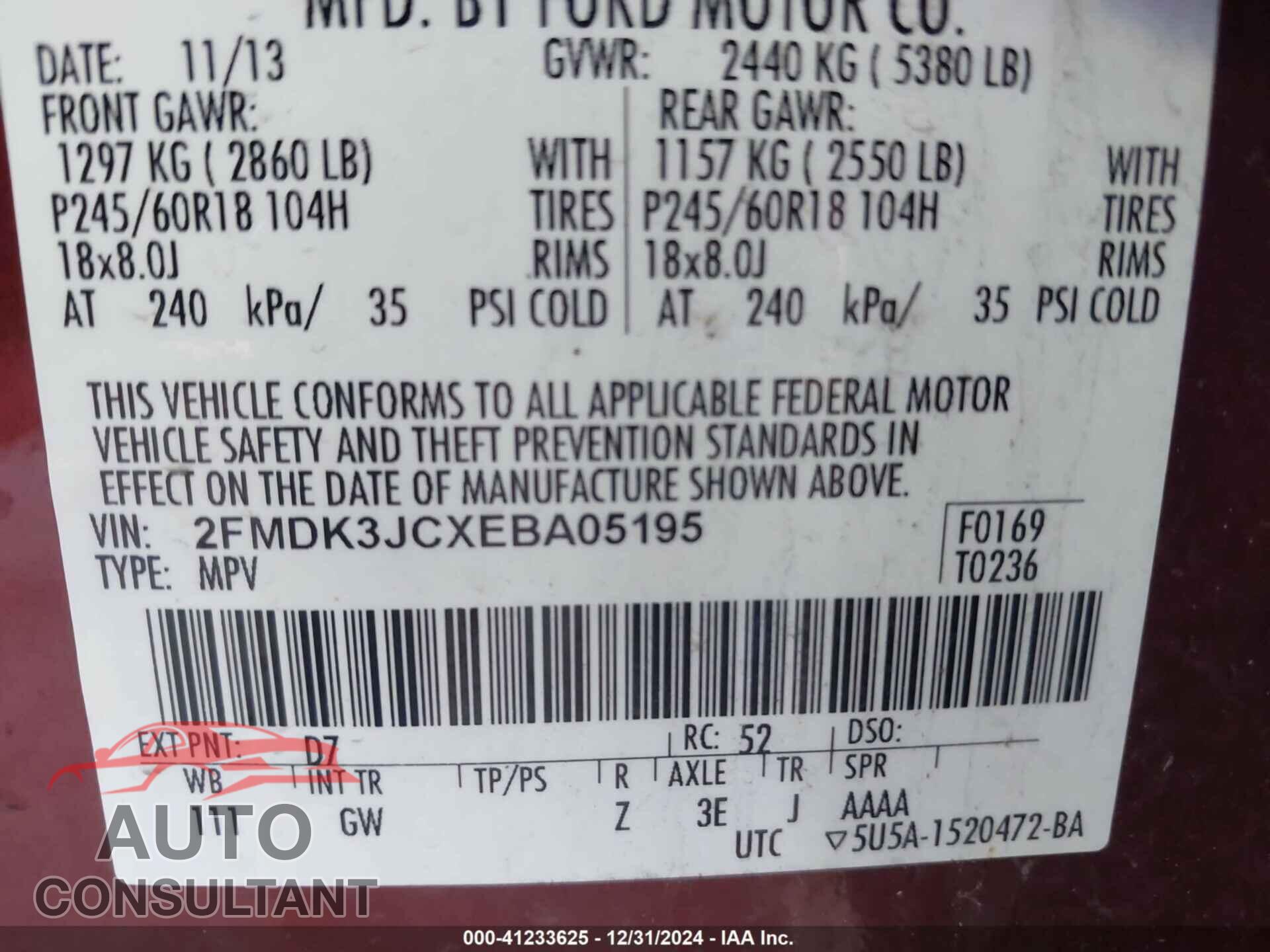 FORD EDGE 2014 - 2FMDK3JCXEBA05195