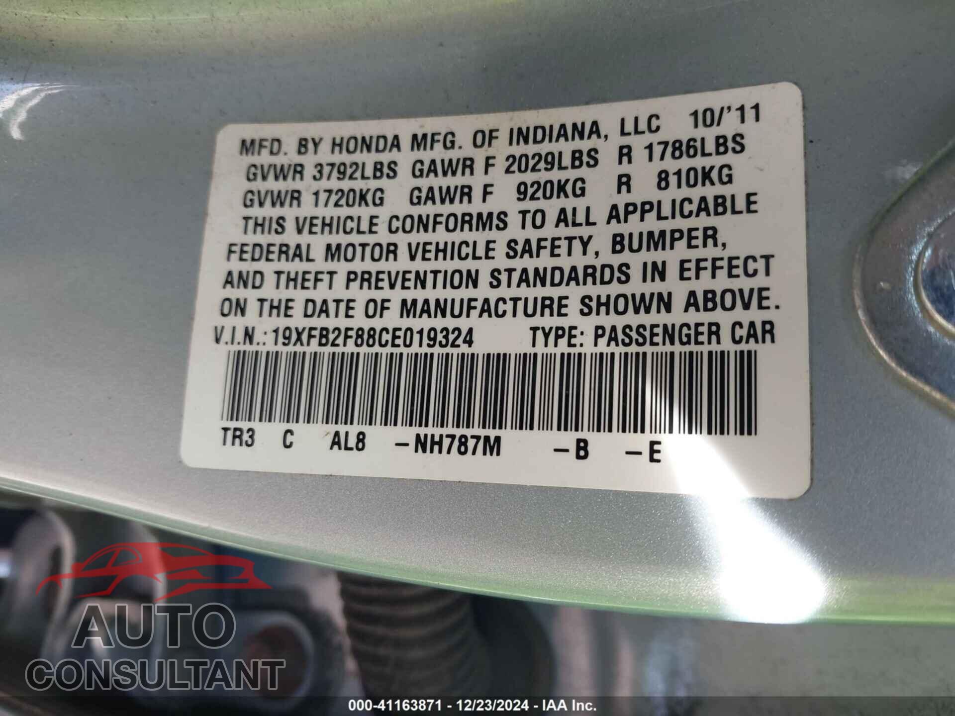 HONDA CIVIC 2012 - 19XFB2F88CE019324