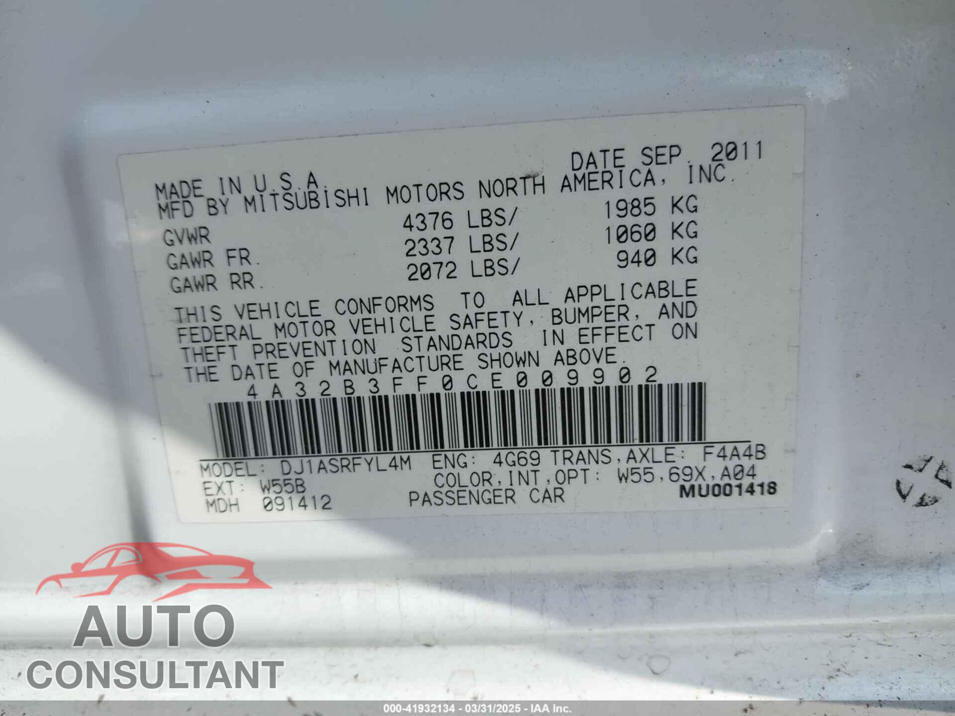 MITSUBISHI GALANT 2012 - 4A32B3FF0CE009902