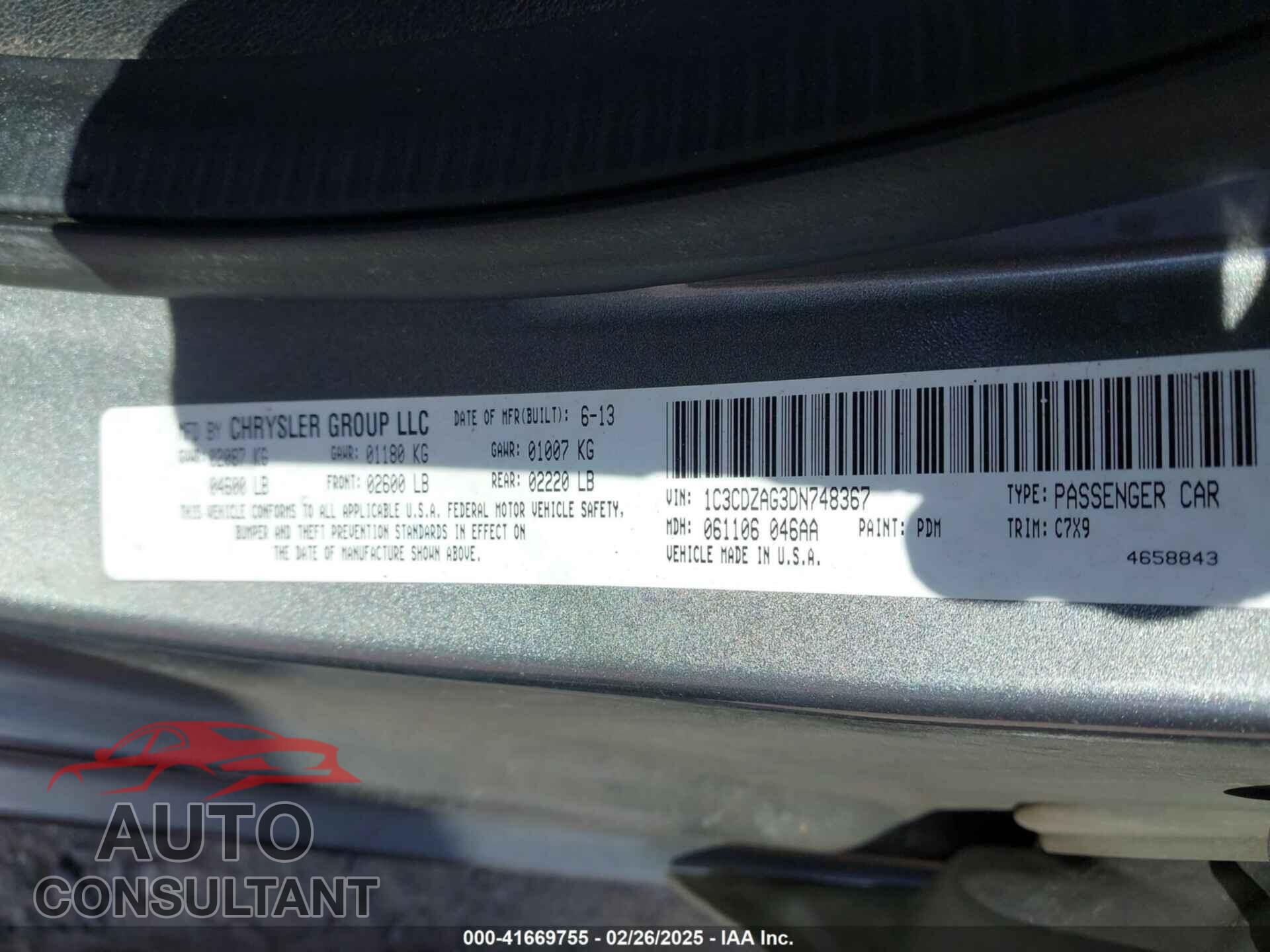 DODGE AVENGER 2013 - 1C3CDZAG3DN748367
