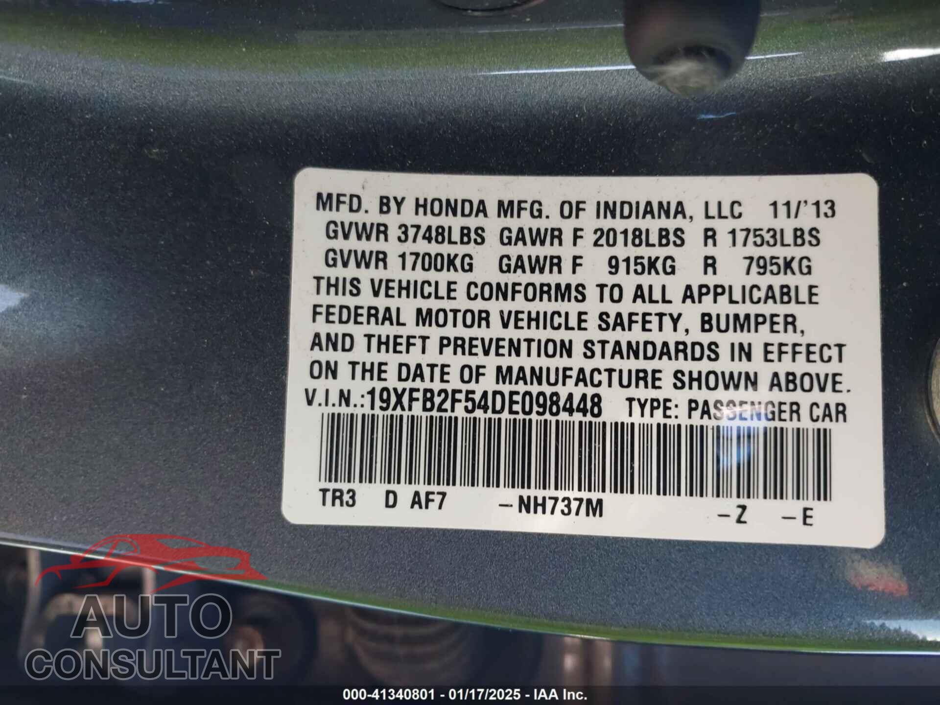 HONDA CIVIC 2013 - 19XFB2F54DE098448