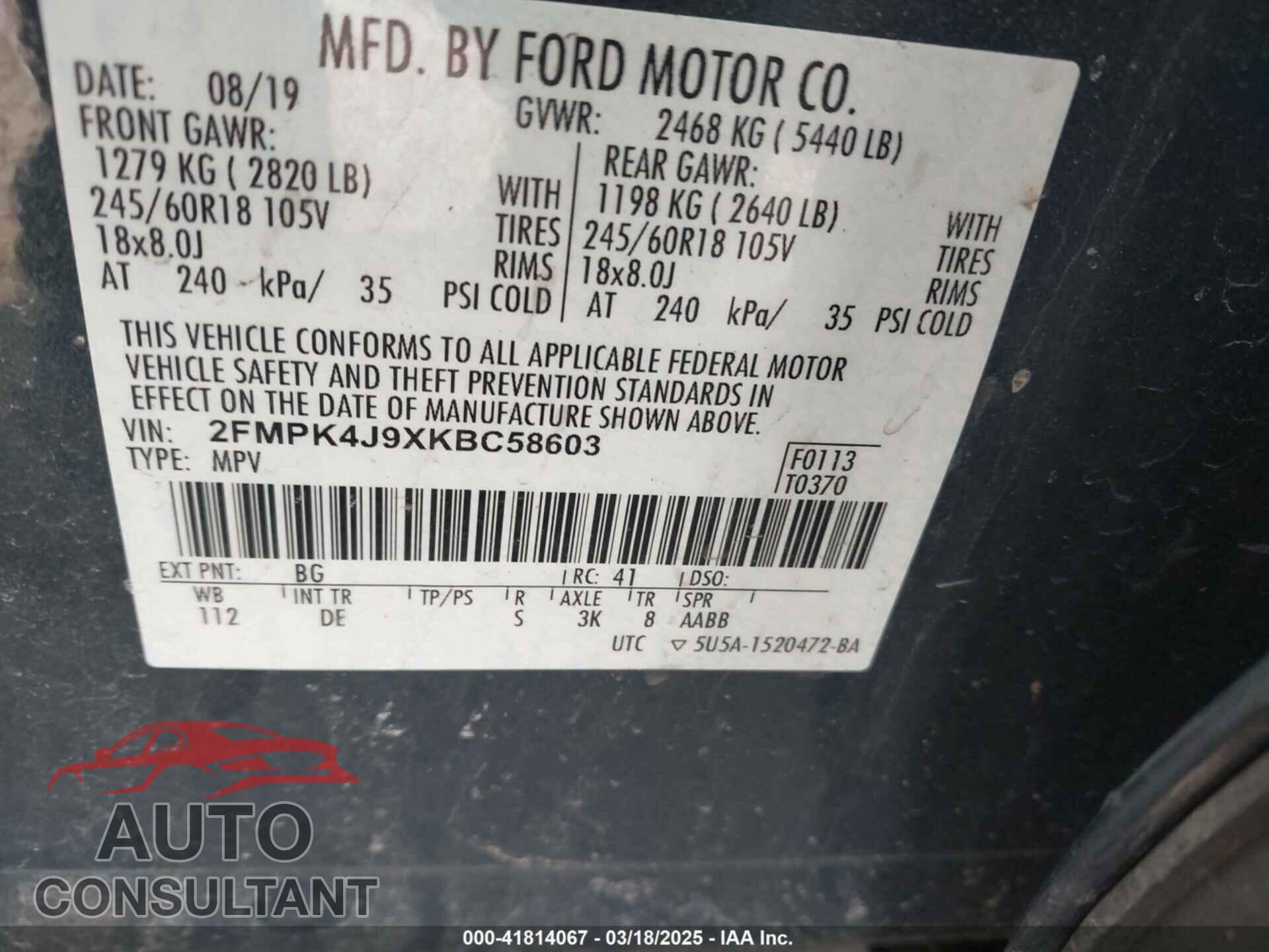 FORD EDGE 2019 - 2FMPK4J9XKBC58603