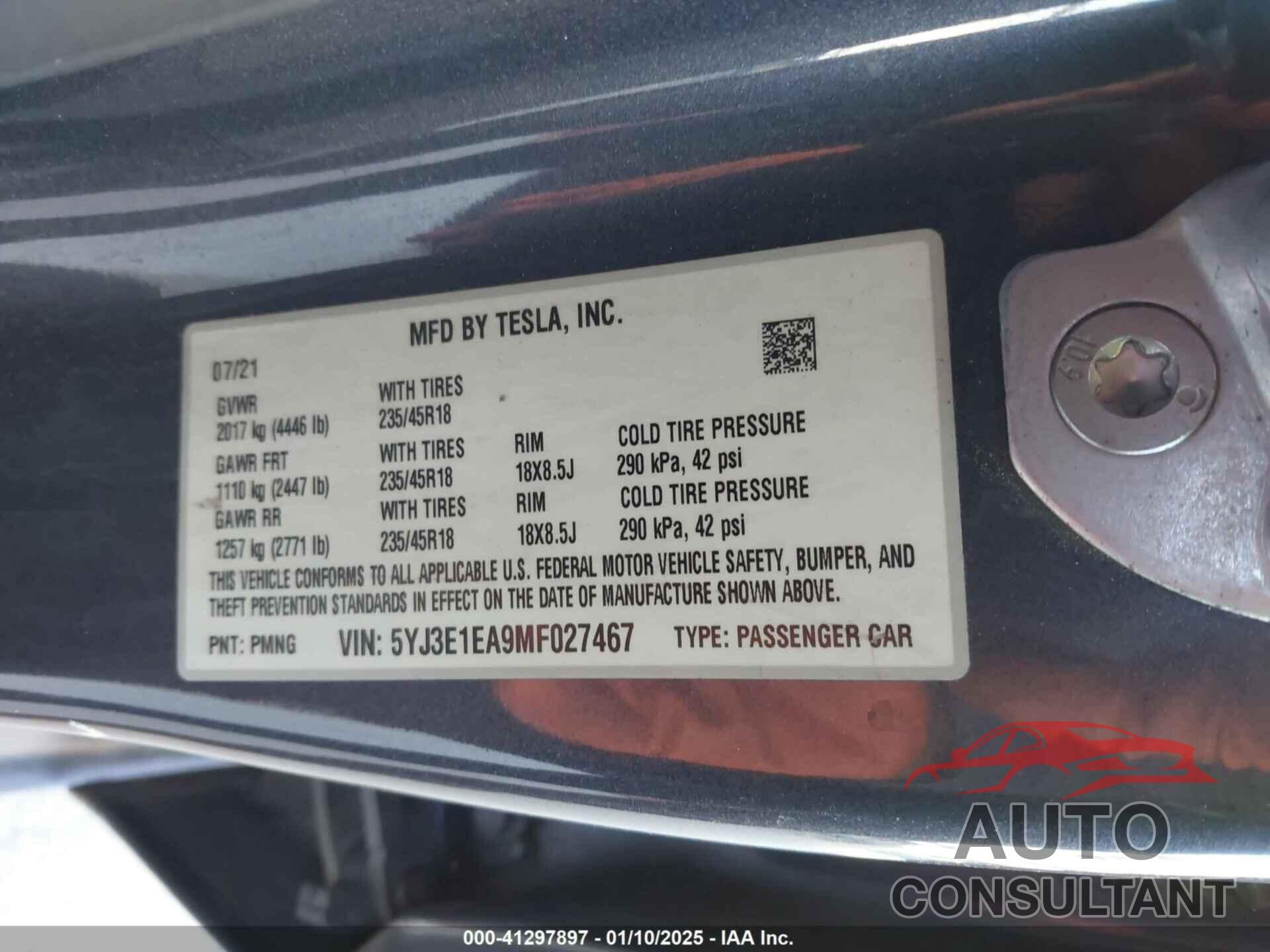 TESLA MODEL 3 2021 - 5YJ3E1EA9MF027467