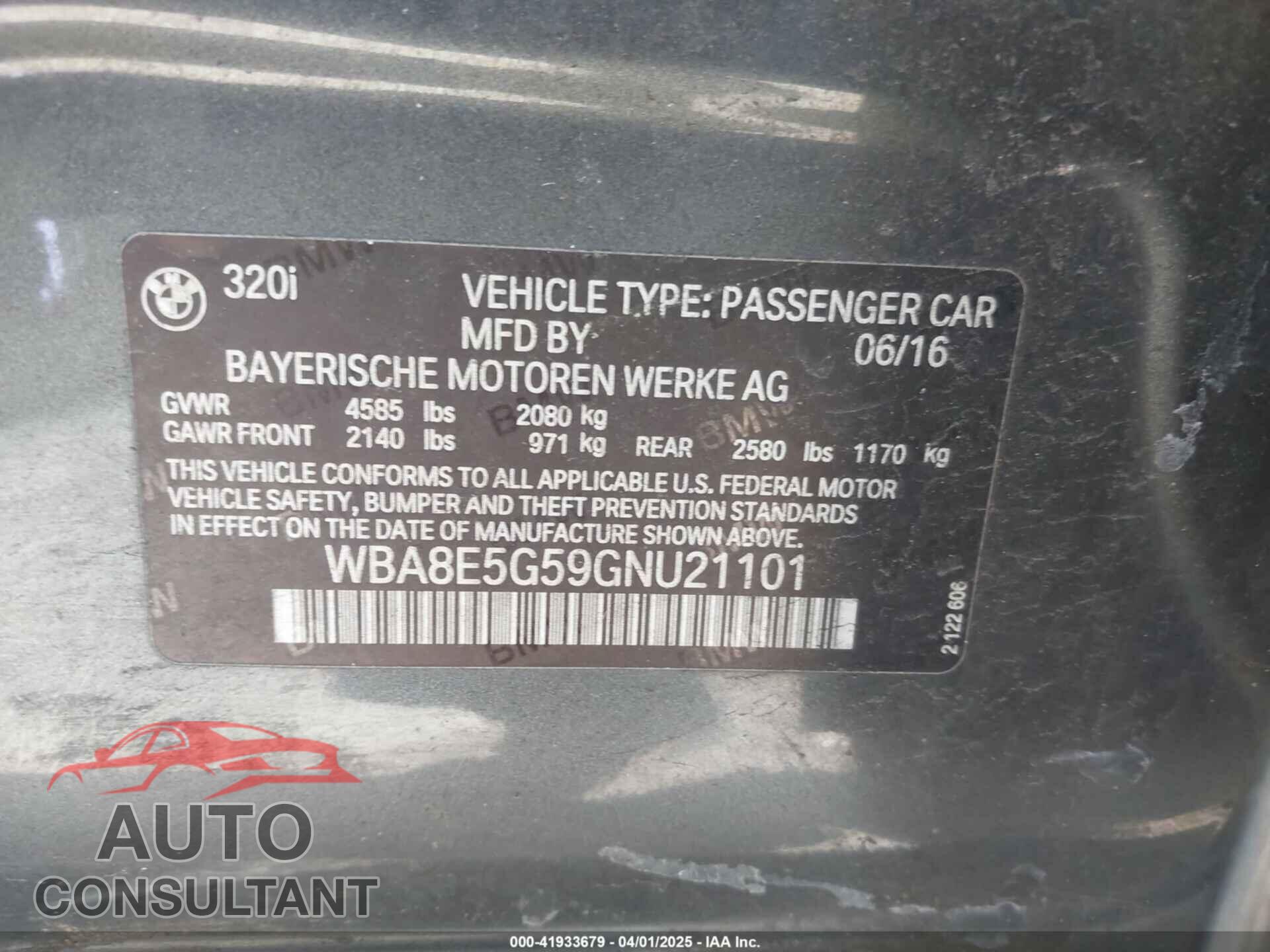BMW 320I 2016 - WBA8E5G59GNU21101