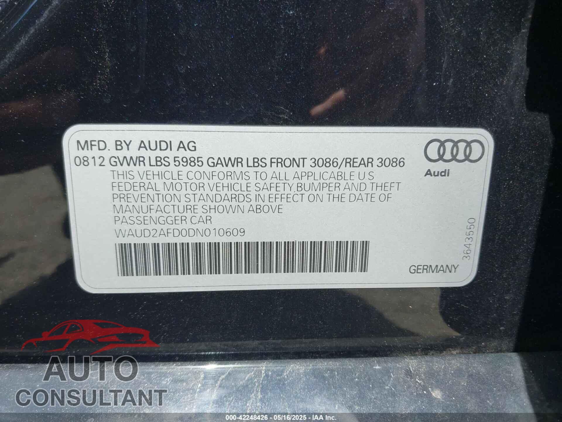 AUDI S8 2013 - WAUD2AFD0DN010609