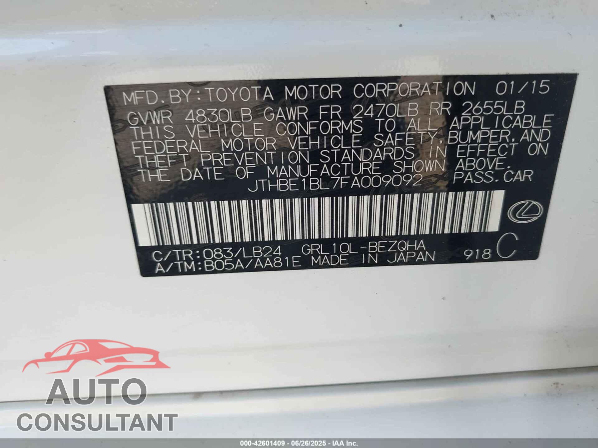 LEXUS GS 2015 - JTHBE1BL7FA009092