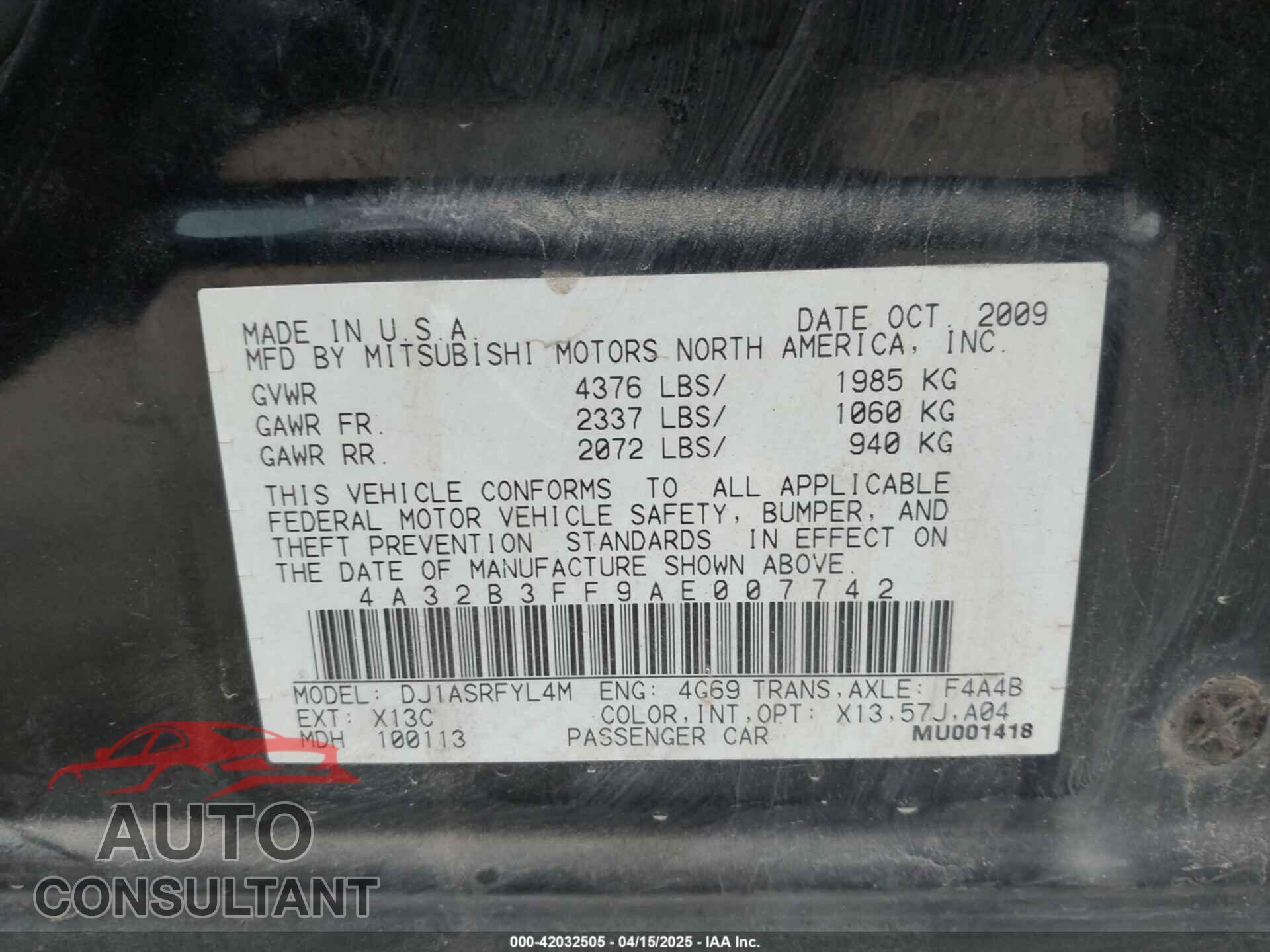 MITSUBISHI GALANT 2010 - 4A32B3FF9AE007742