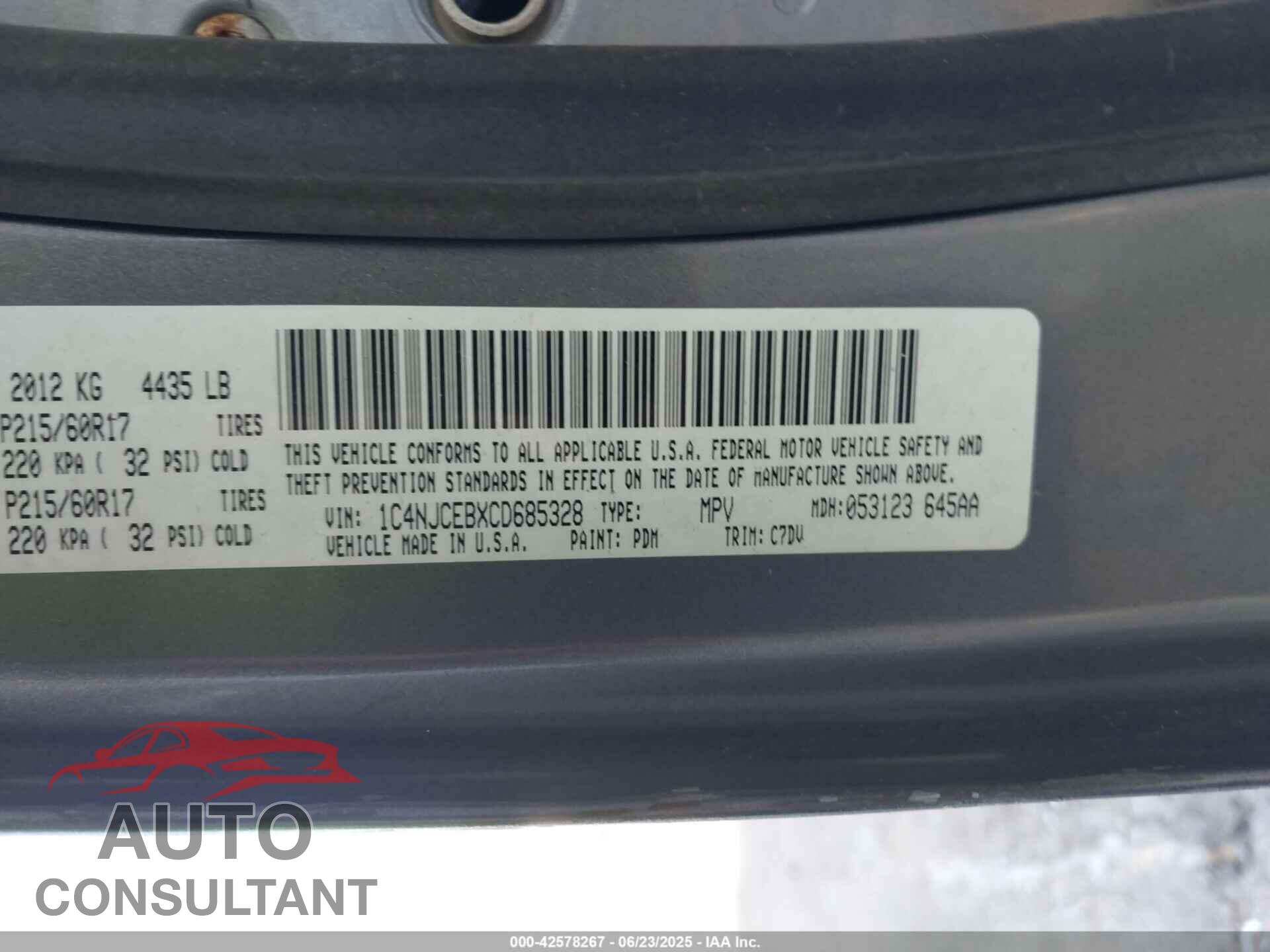 JEEP COMPASS 2012 - 1C4NJCEBXCD685328