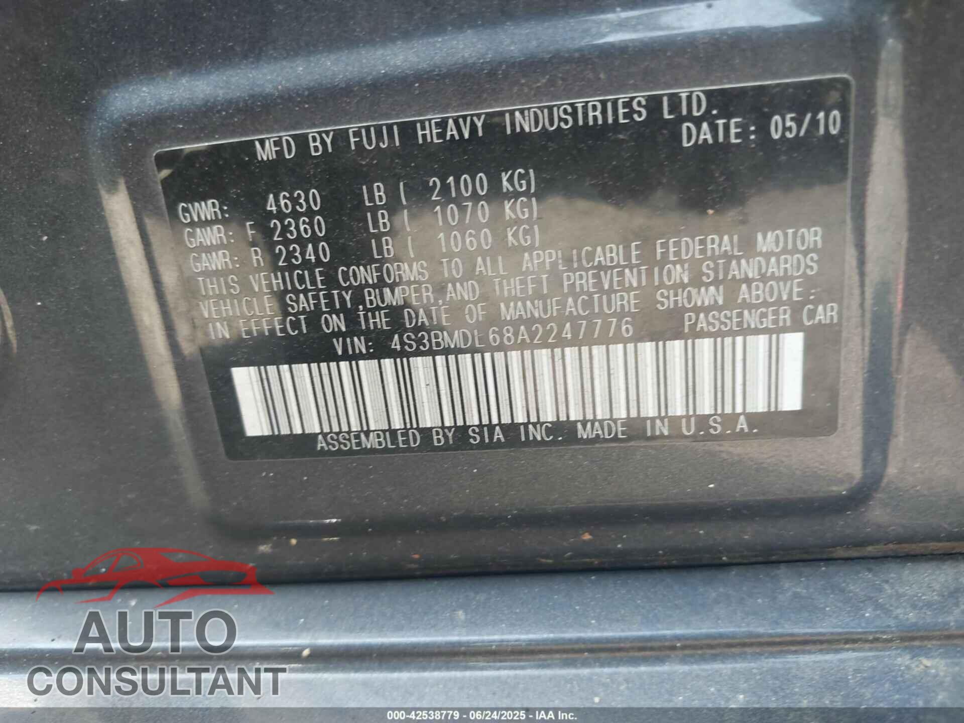 SUBARU LEGACY 2010 - 4S3BMDL68A2247776