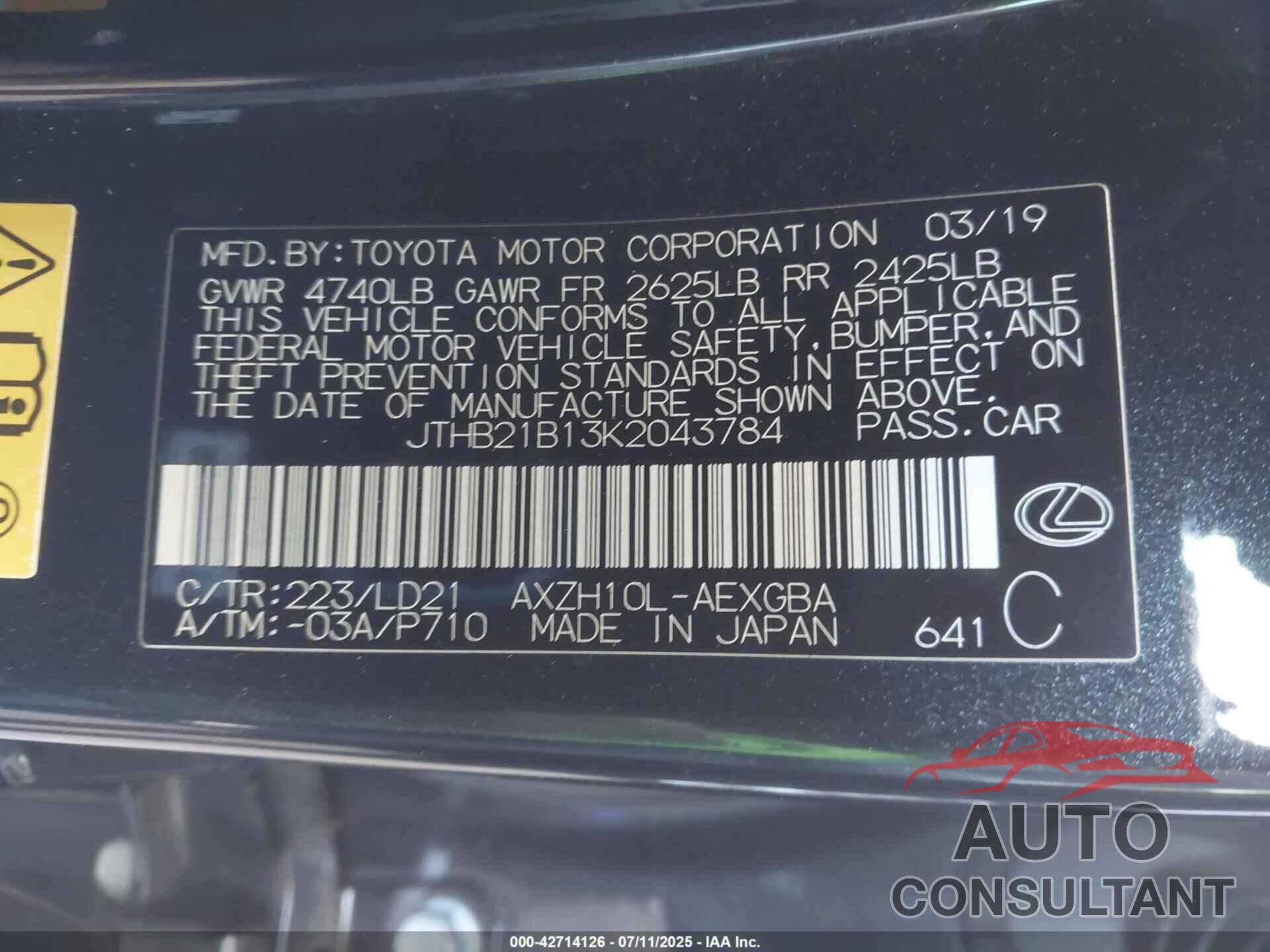 LEXUS ES 300H 2019 - JTHB21B13K2043784