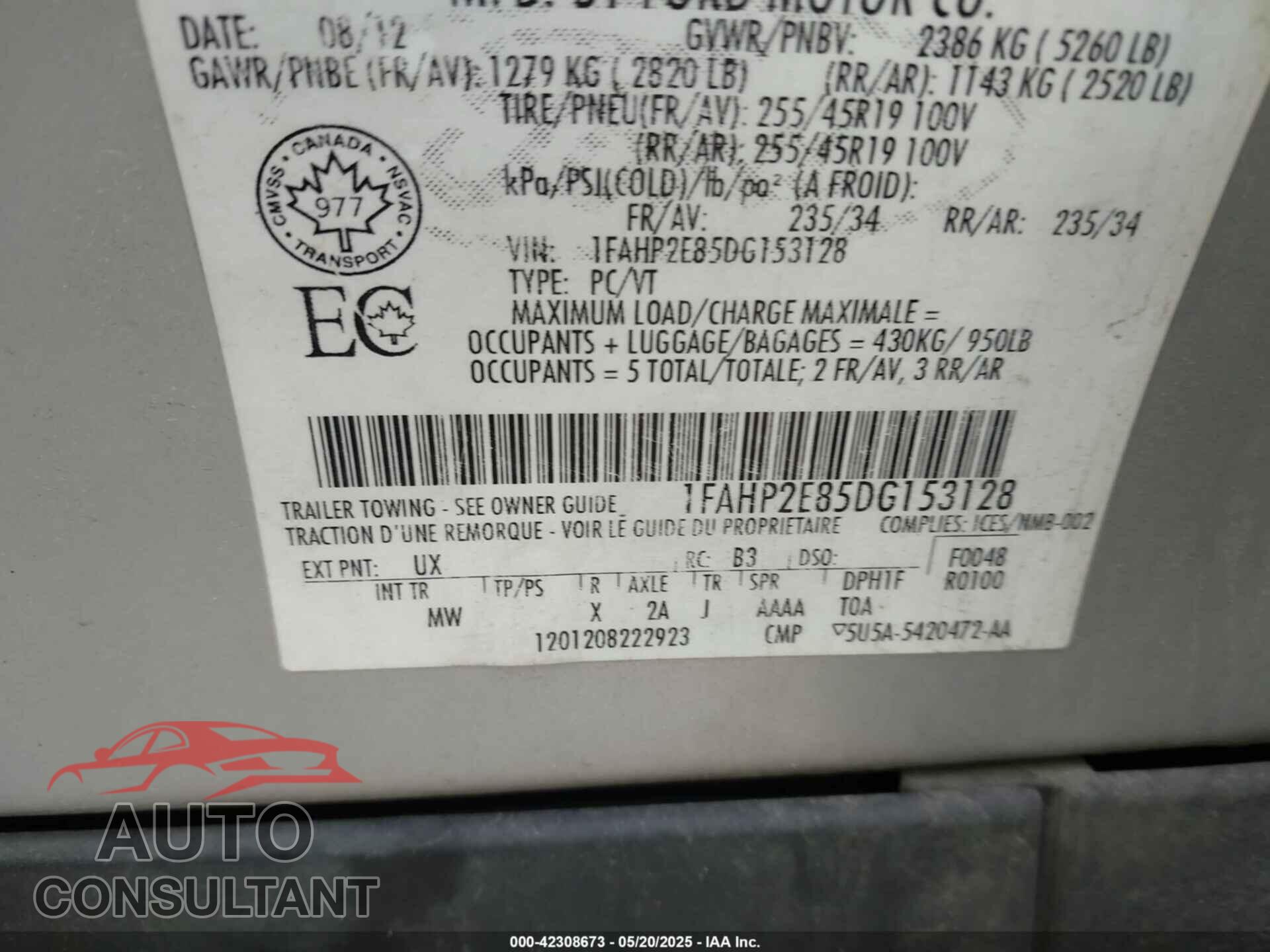 FORD TAURUS 2013 - 1FAHP2E85DG153128