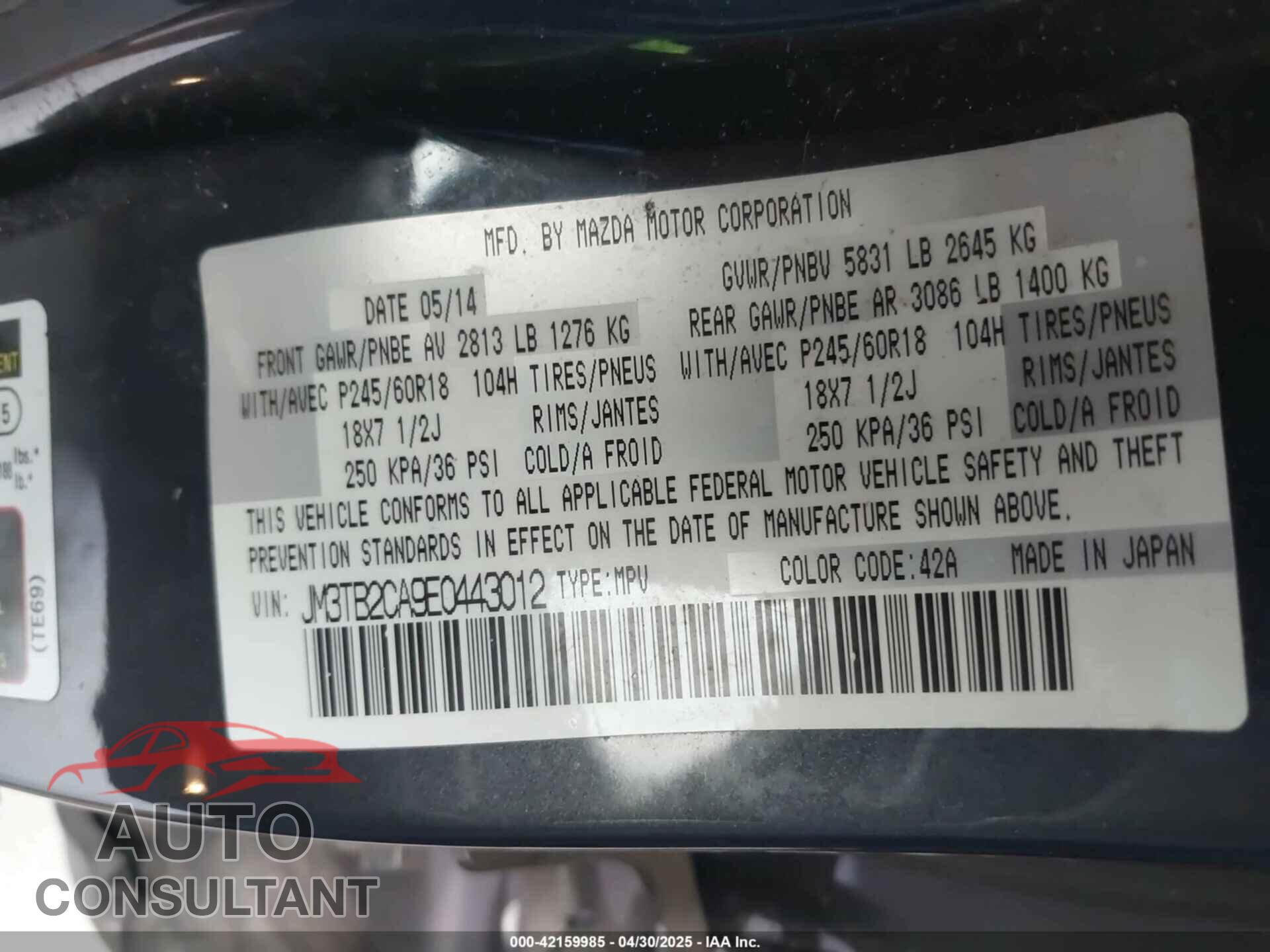 MAZDA CX-9 2014 - JM3TB2CA9E0443012