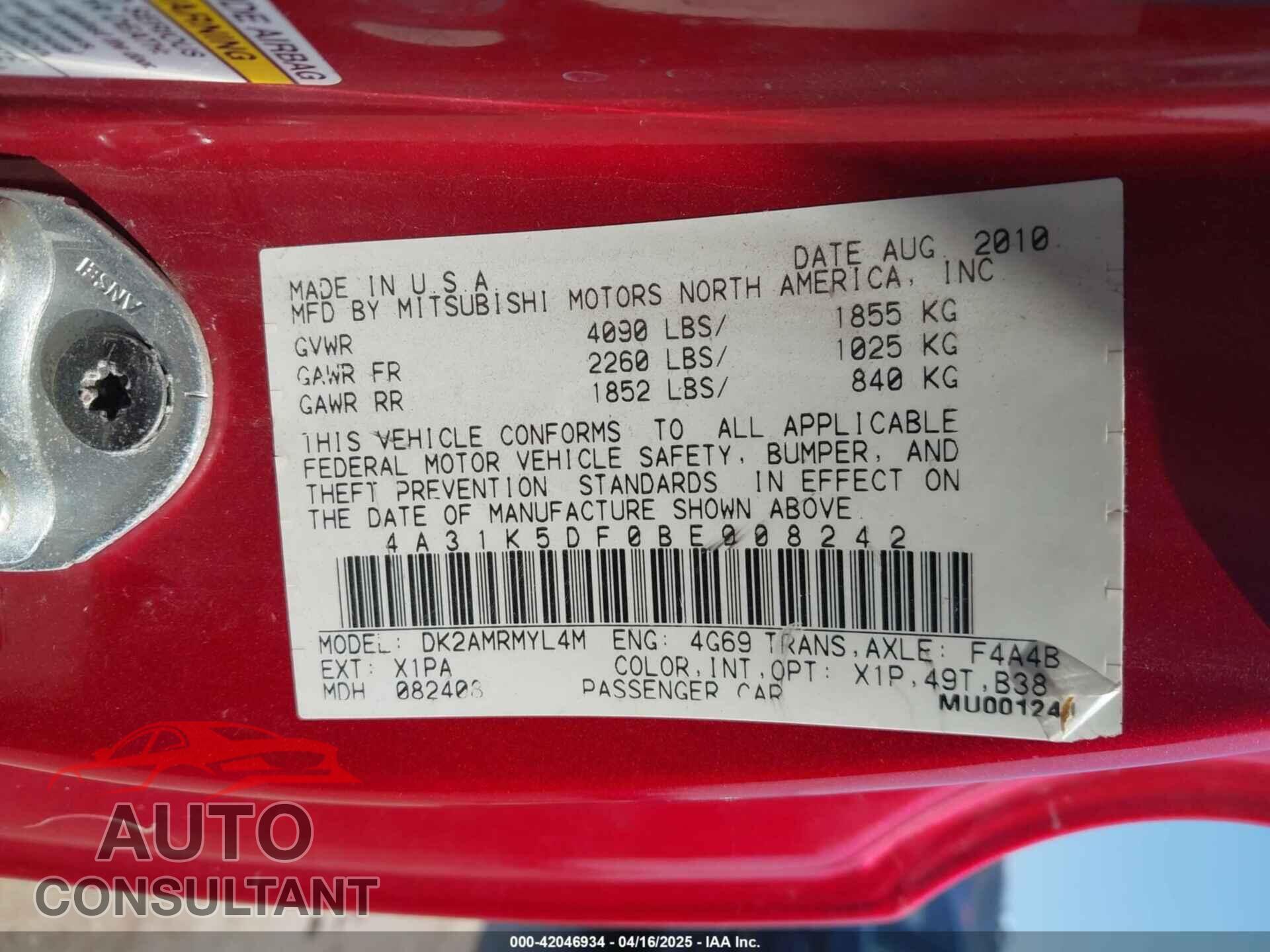MITSUBISHI ECLIPSE 2011 - 4A31K5DF0BE008242