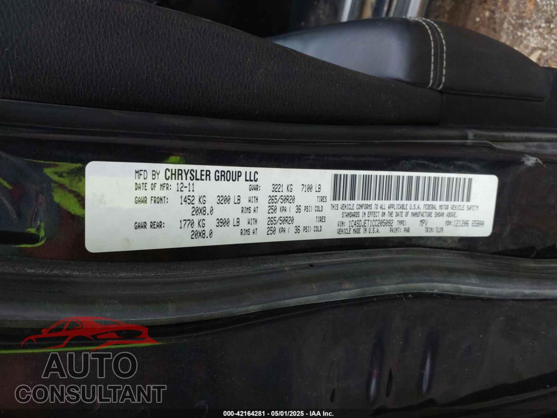 DODGE DURANGO 2012 - 1C4SDJET1CC205092