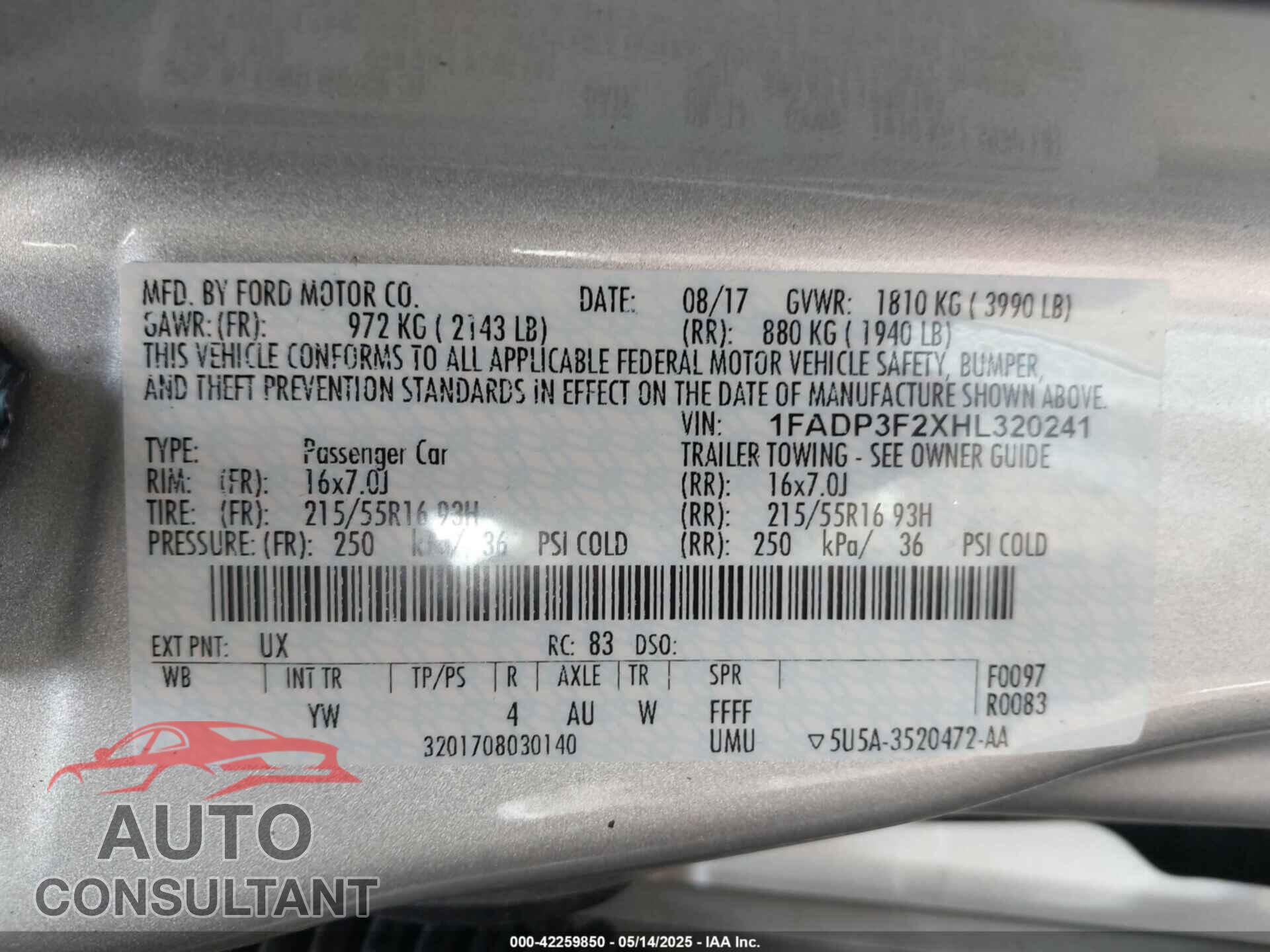 FORD FOCUS 2017 - 1FADP3F2XHL320241