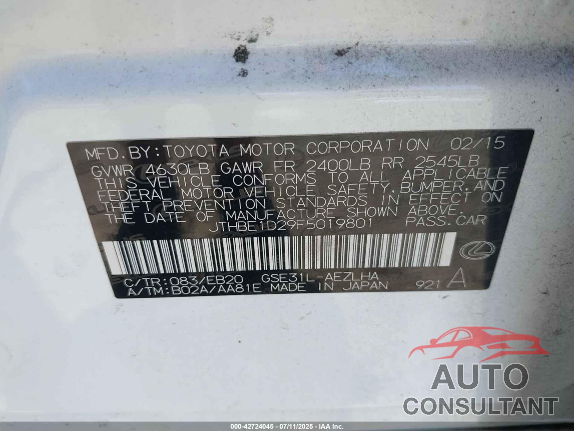 LEXUS IS 350 2015 - JTHBE1D29F5019801