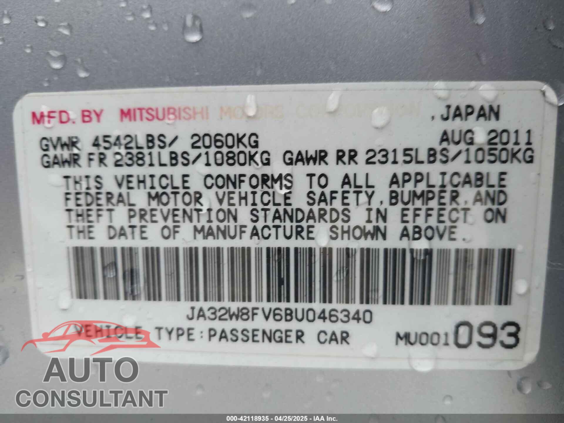 MITSUBISHI LANCER EVOLUTION 2011 - JA32W8FV6BU046340