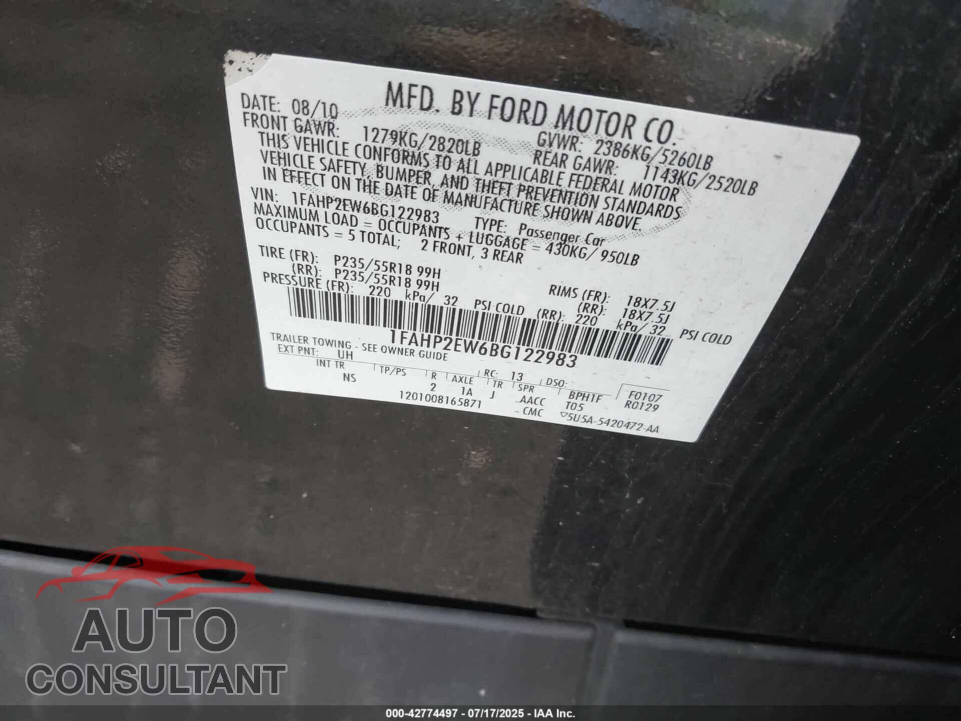 FORD TAURUS 2011 - 1FAHP2EW6BG122983