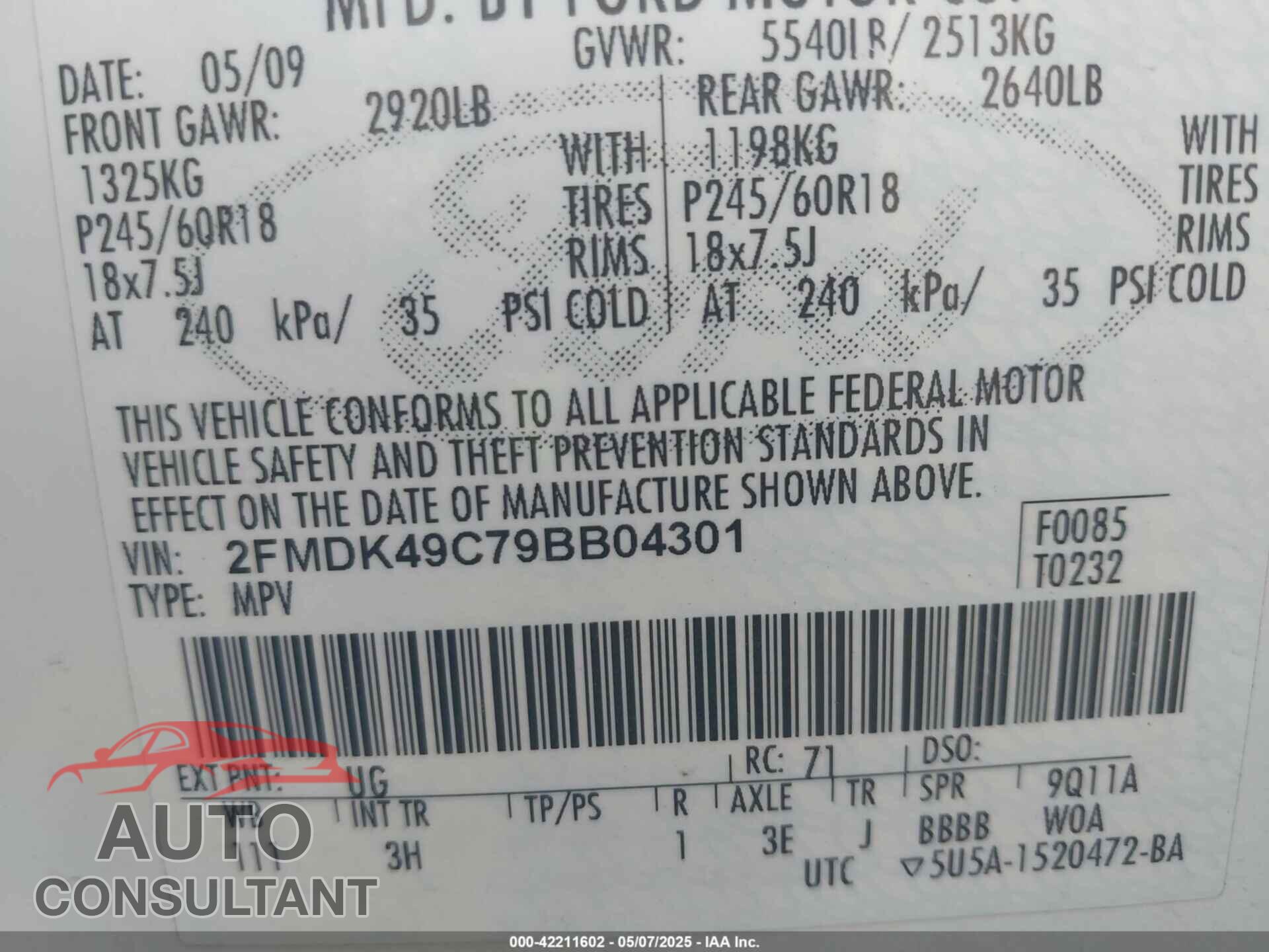 FORD EDGE 2009 - 2FMDK49C79BB04301