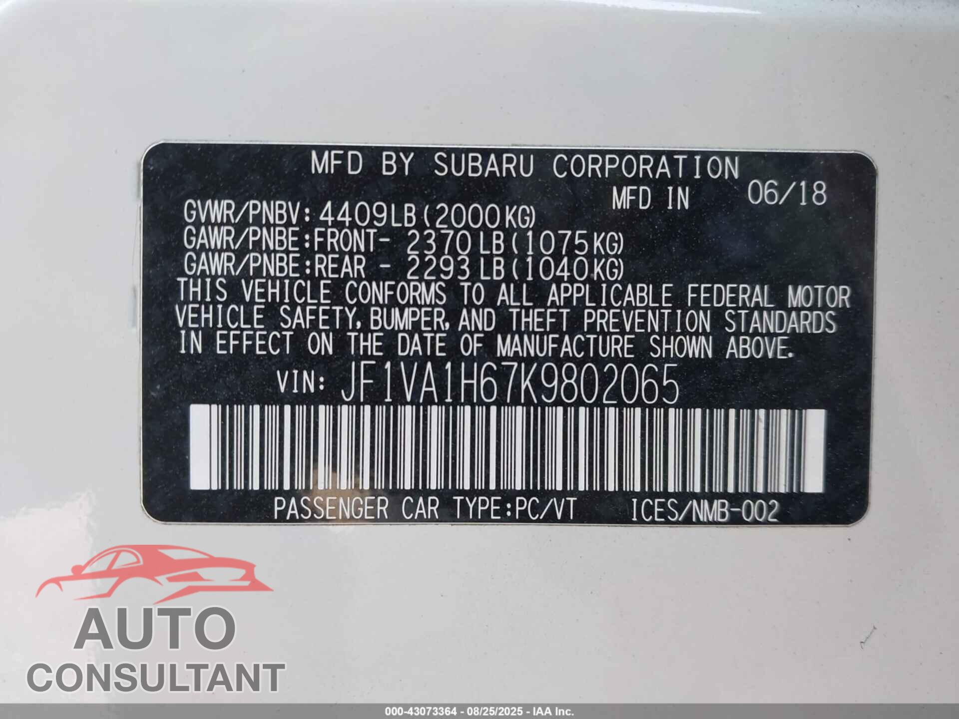 SUBARU WRX 2019 - JF1VA1H67K9802065