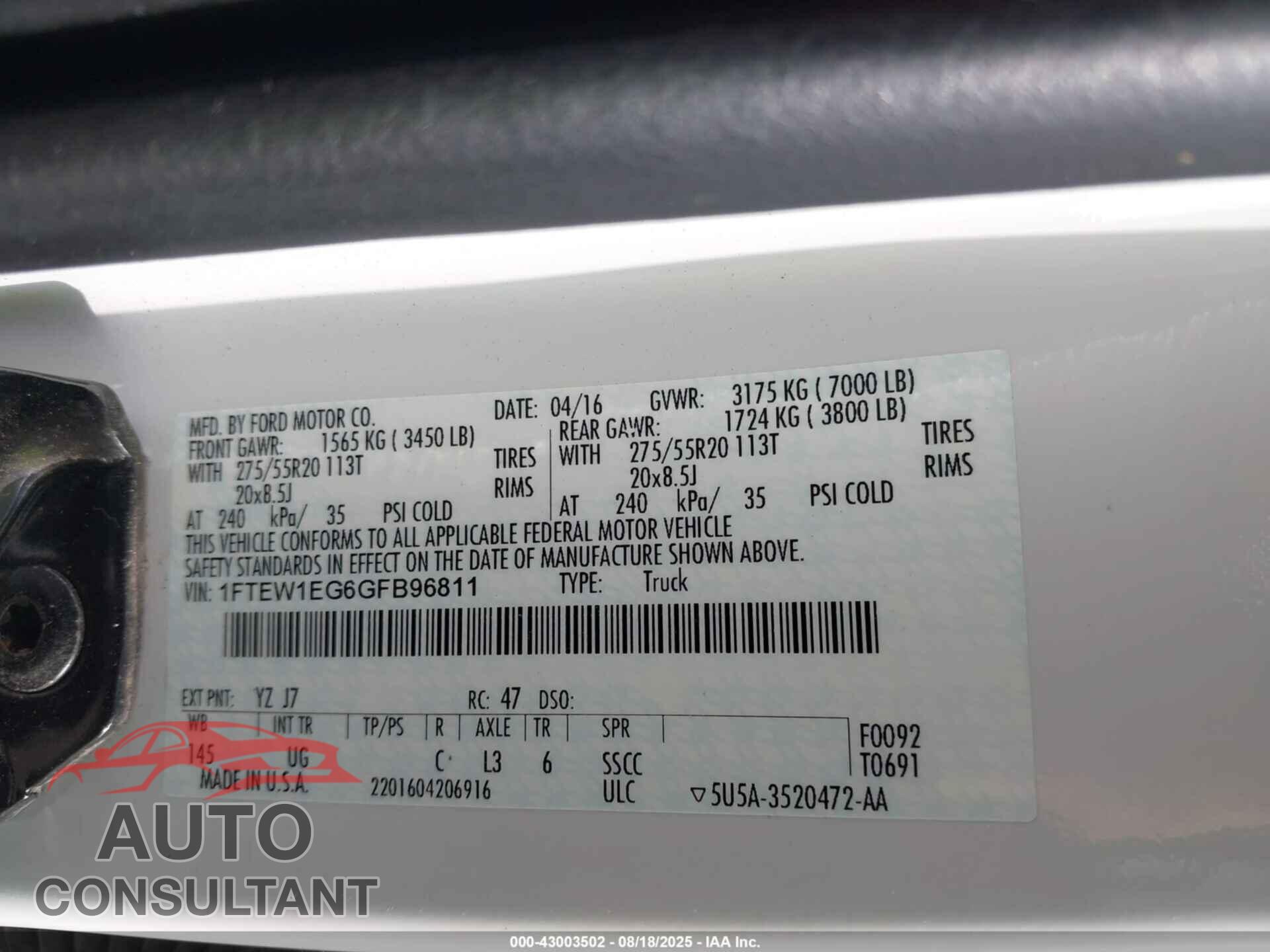 FORD F-150 2016 - 1FTEW1EG6GFB96811