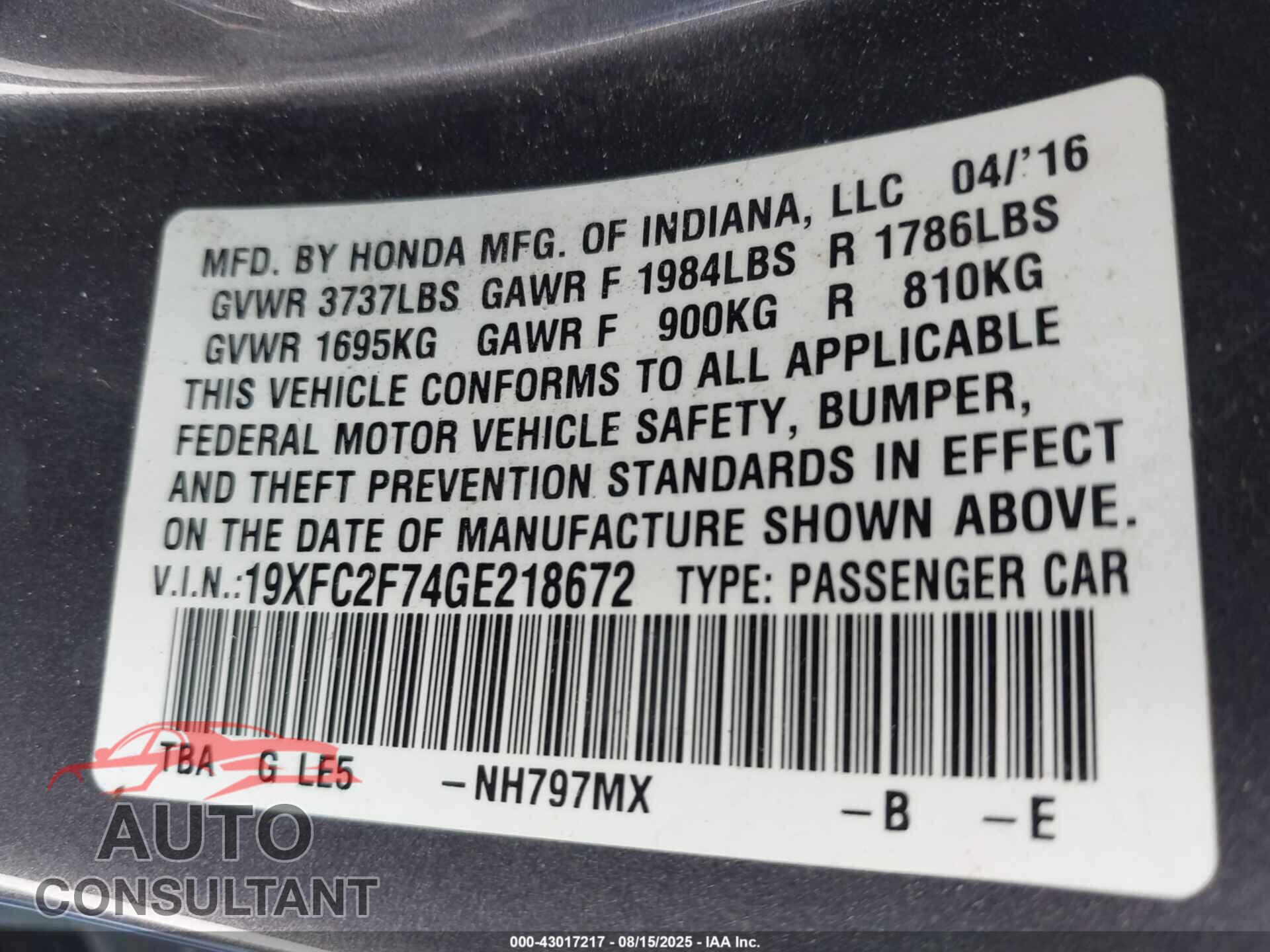 HONDA CIVIC 2016 - 19XFC2F74GE218672