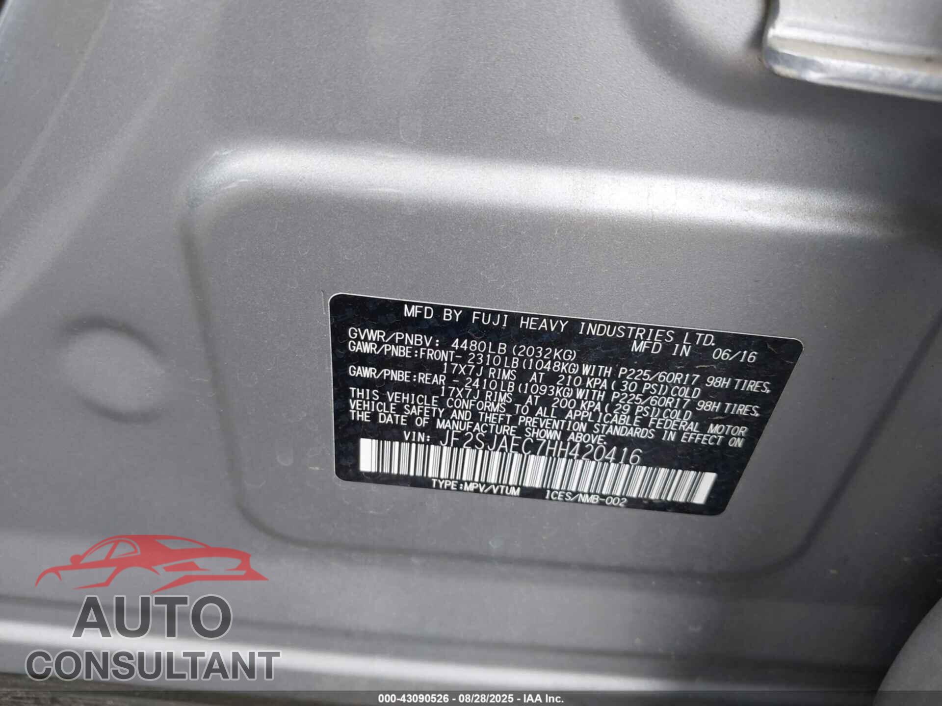 SUBARU FORESTER 2017 - JF2SJAEC7HH420416