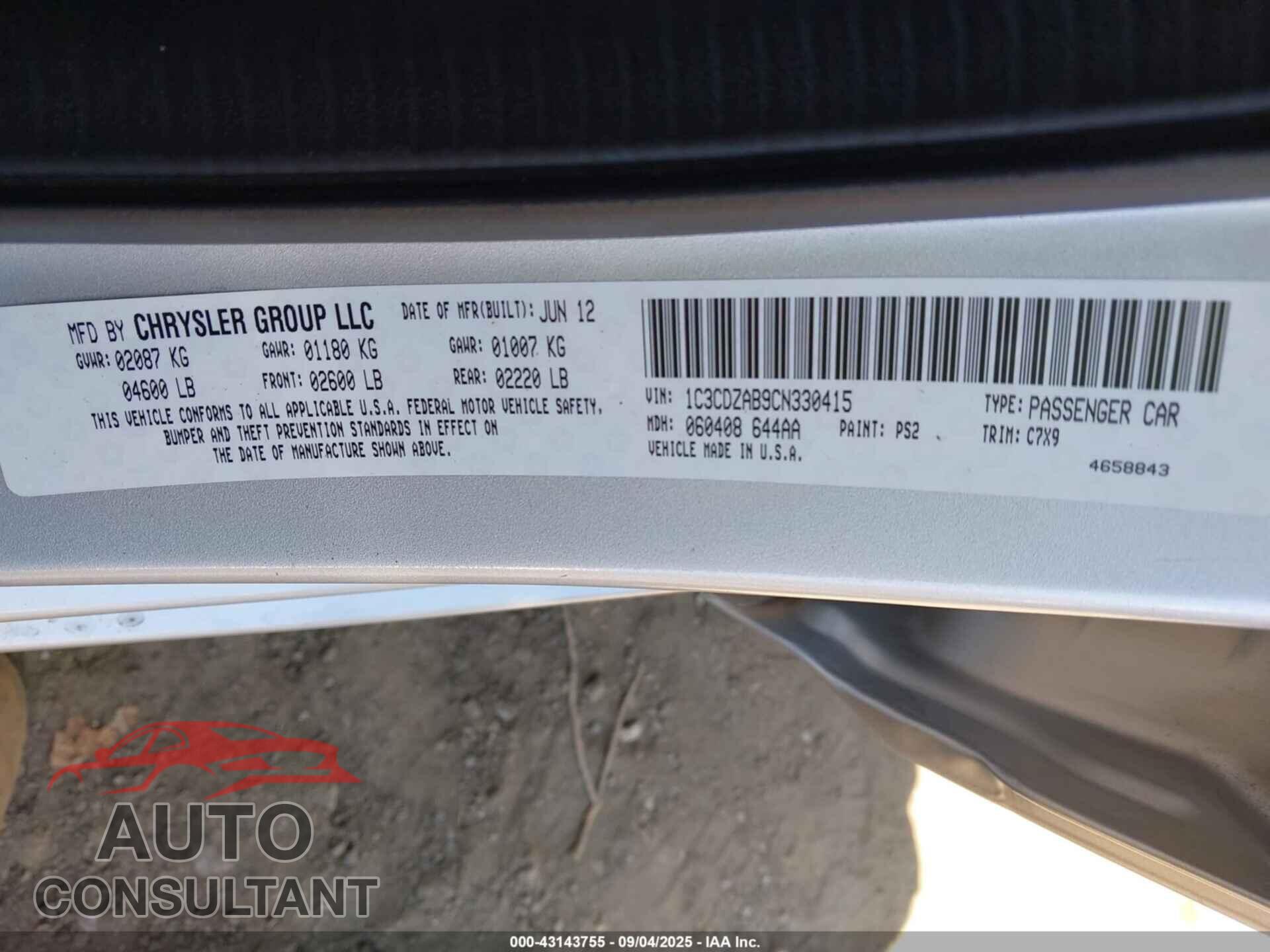 DODGE AVENGER 2012 - 1C3CDZAB9CN330415