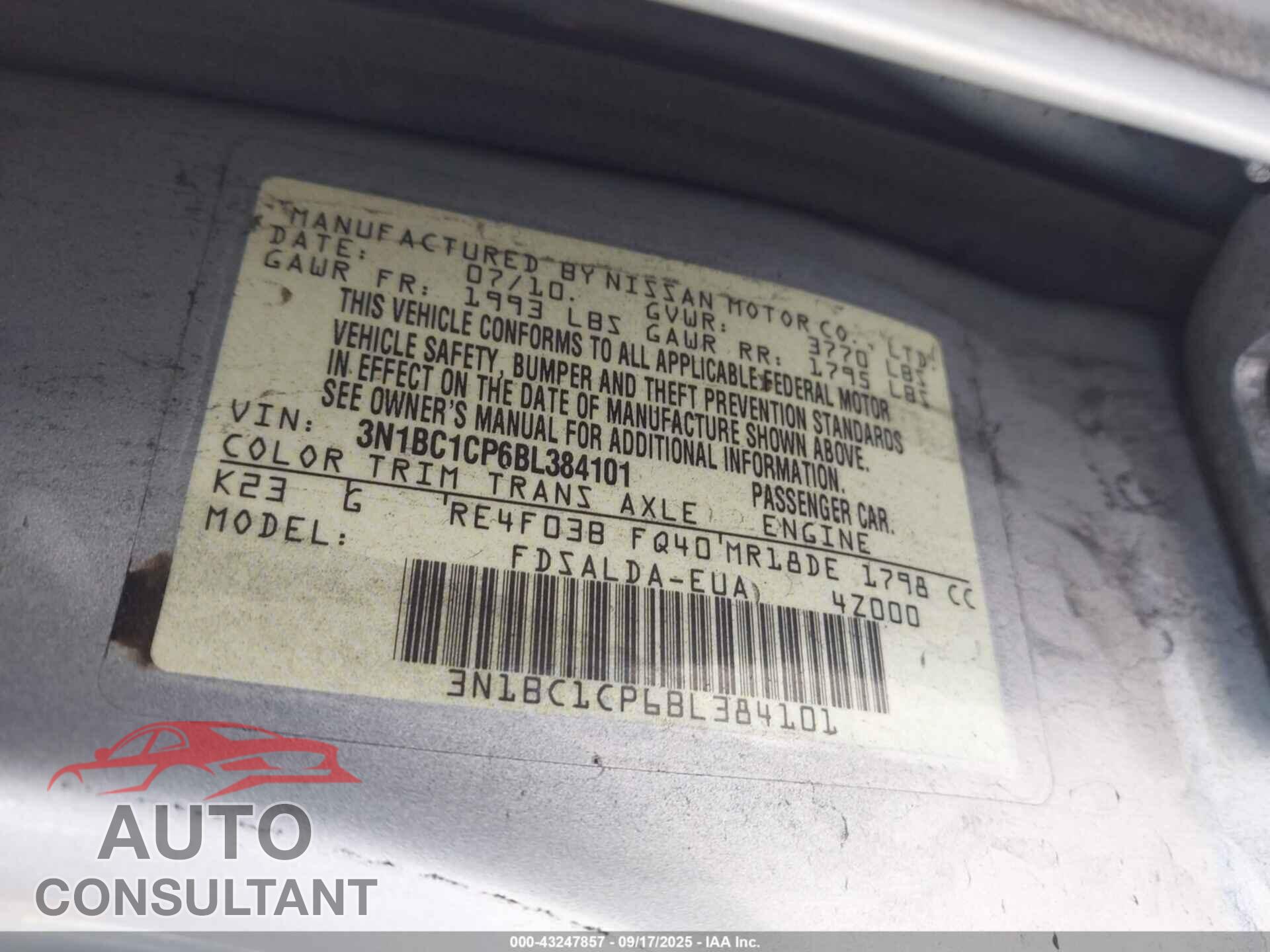 NISSAN VERSA 2011 - 3N1BC1CP6BL384101
