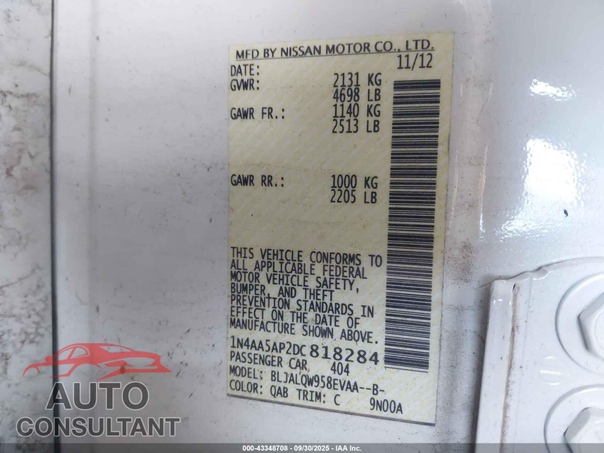 NISSAN MAXIMA 2013 - 1N4AA5AP2DC818284