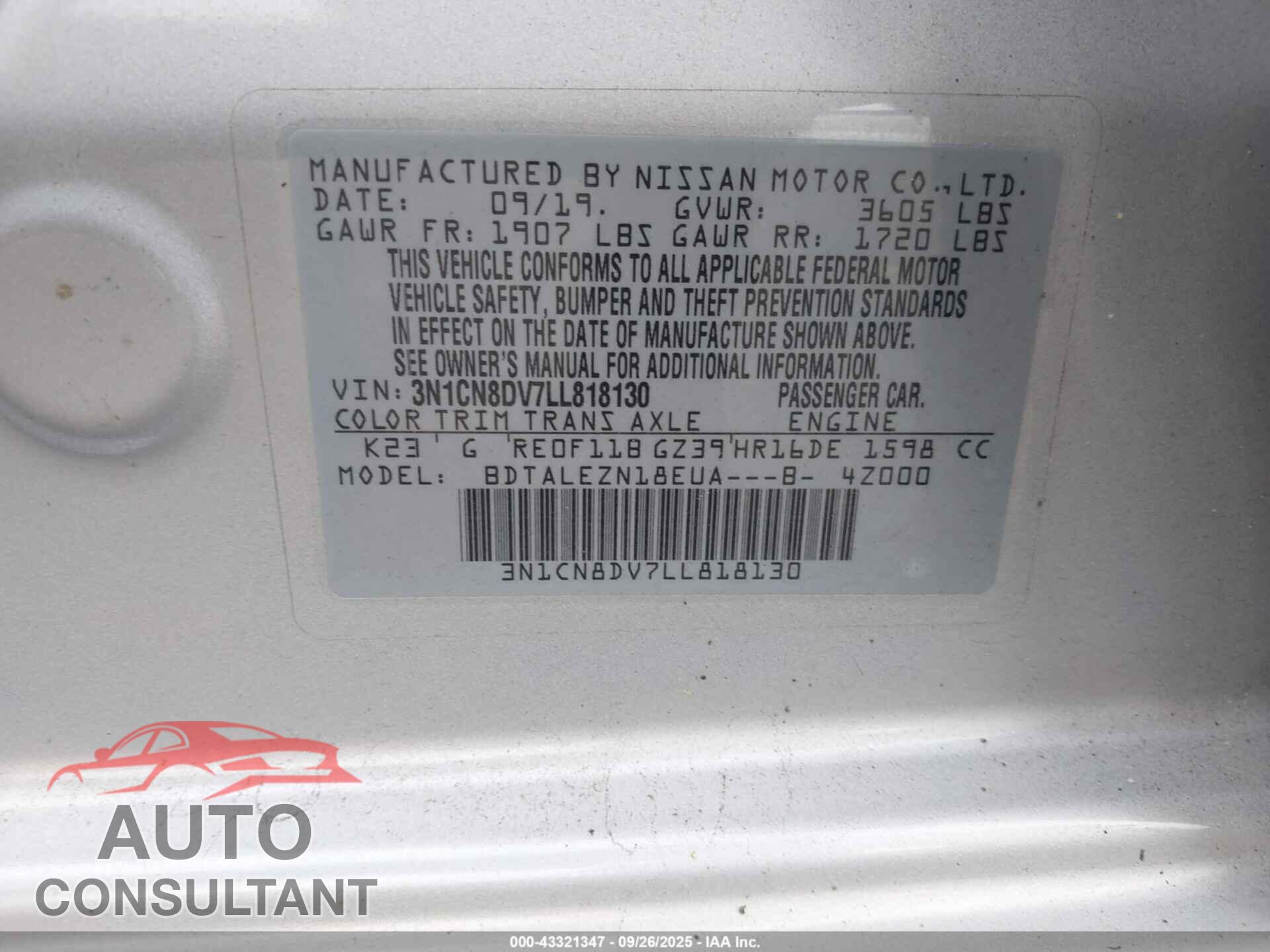 NISSAN VERSA 2020 - 3N1CN8DV7LL818130