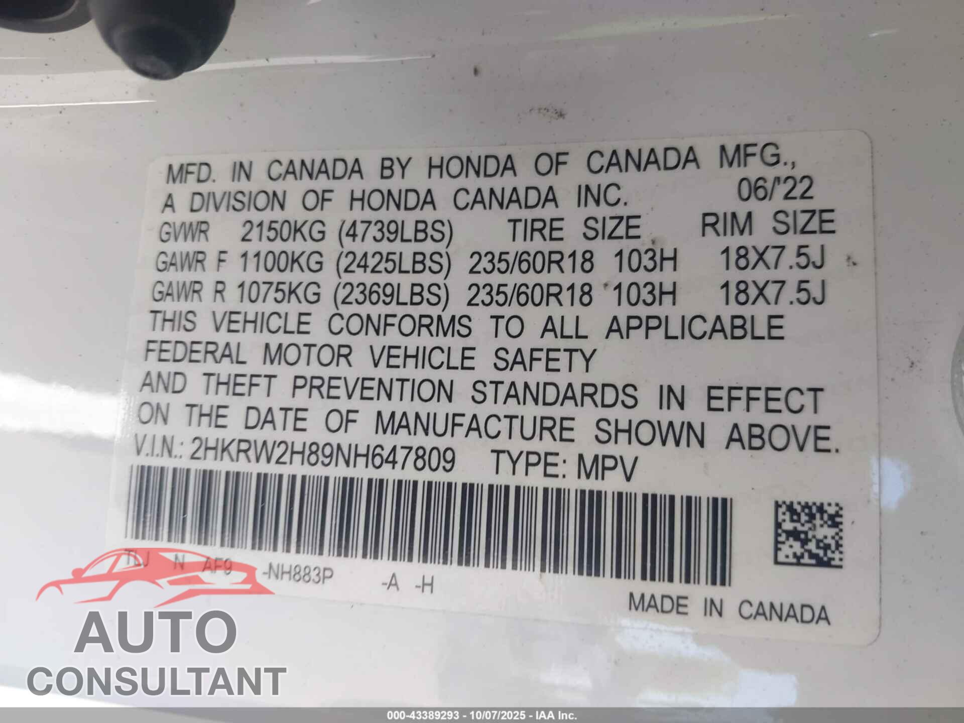 HONDA CR-V 2022 - 2HKRW2H89NH647809