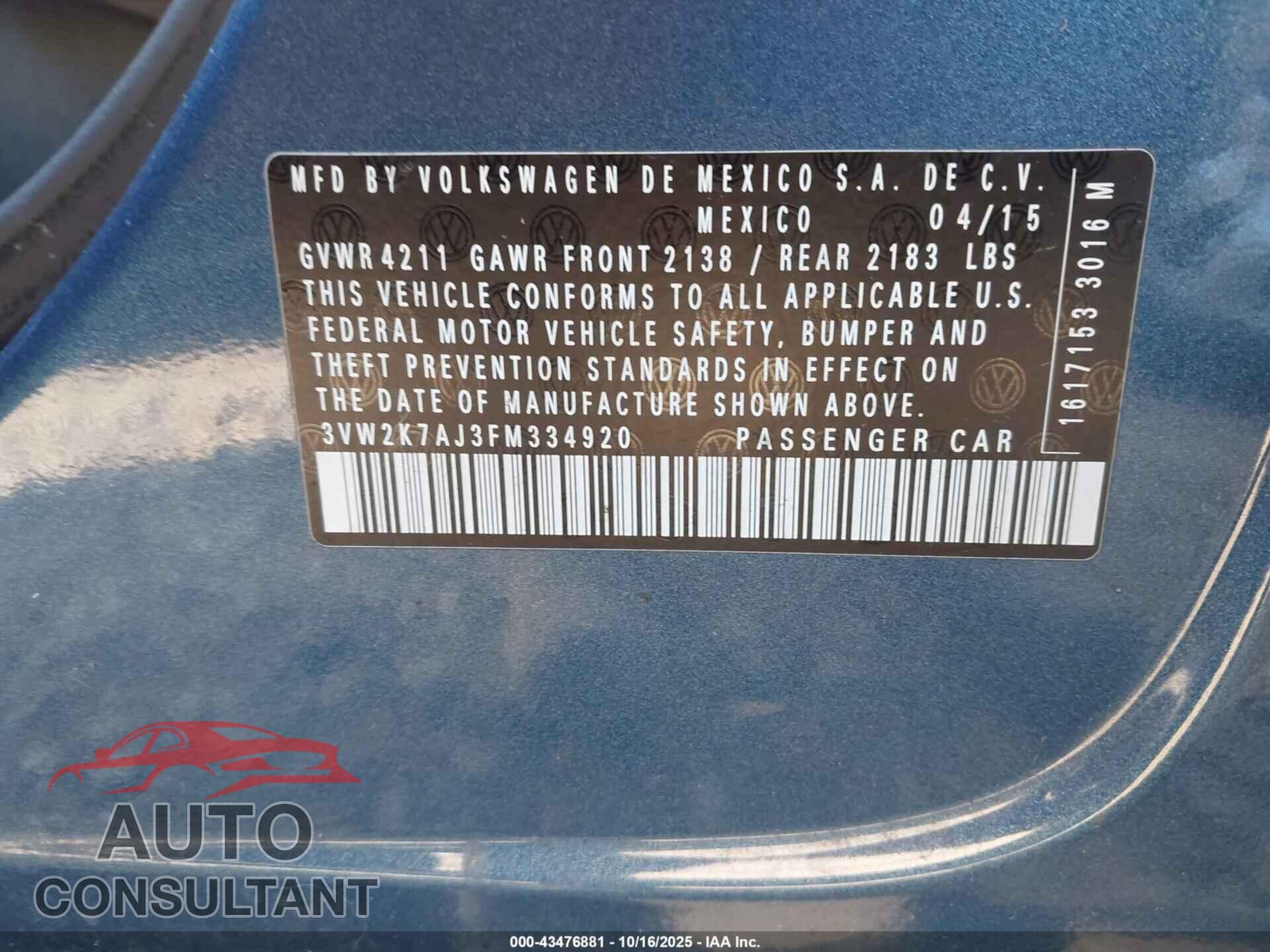 VOLKSWAGEN JETTA 2015 - 3VW2K7AJ3FM334920