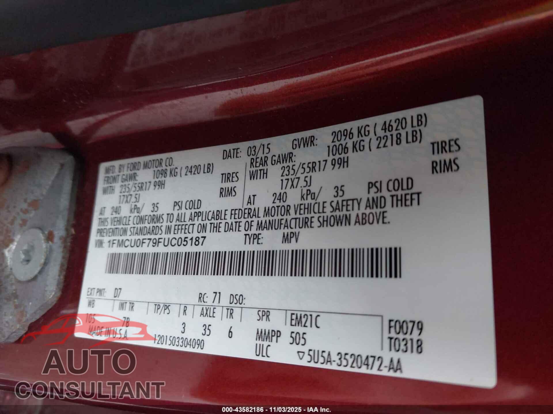 FORD ESCAPE 2015 - 1FMCU0F79FUC05187