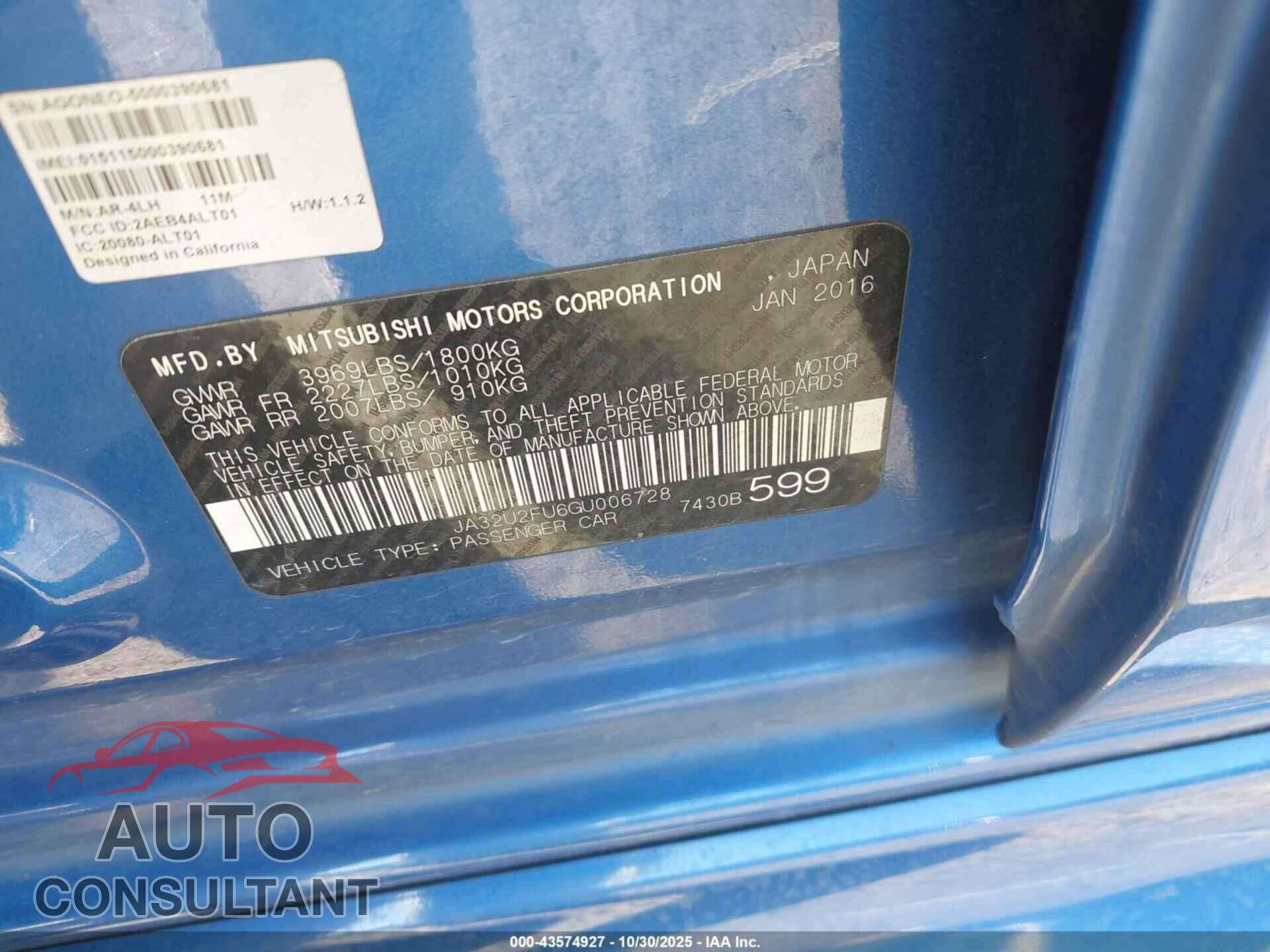 MITSUBISHI LANCER 2016 - JA32U2FU6GU006728
