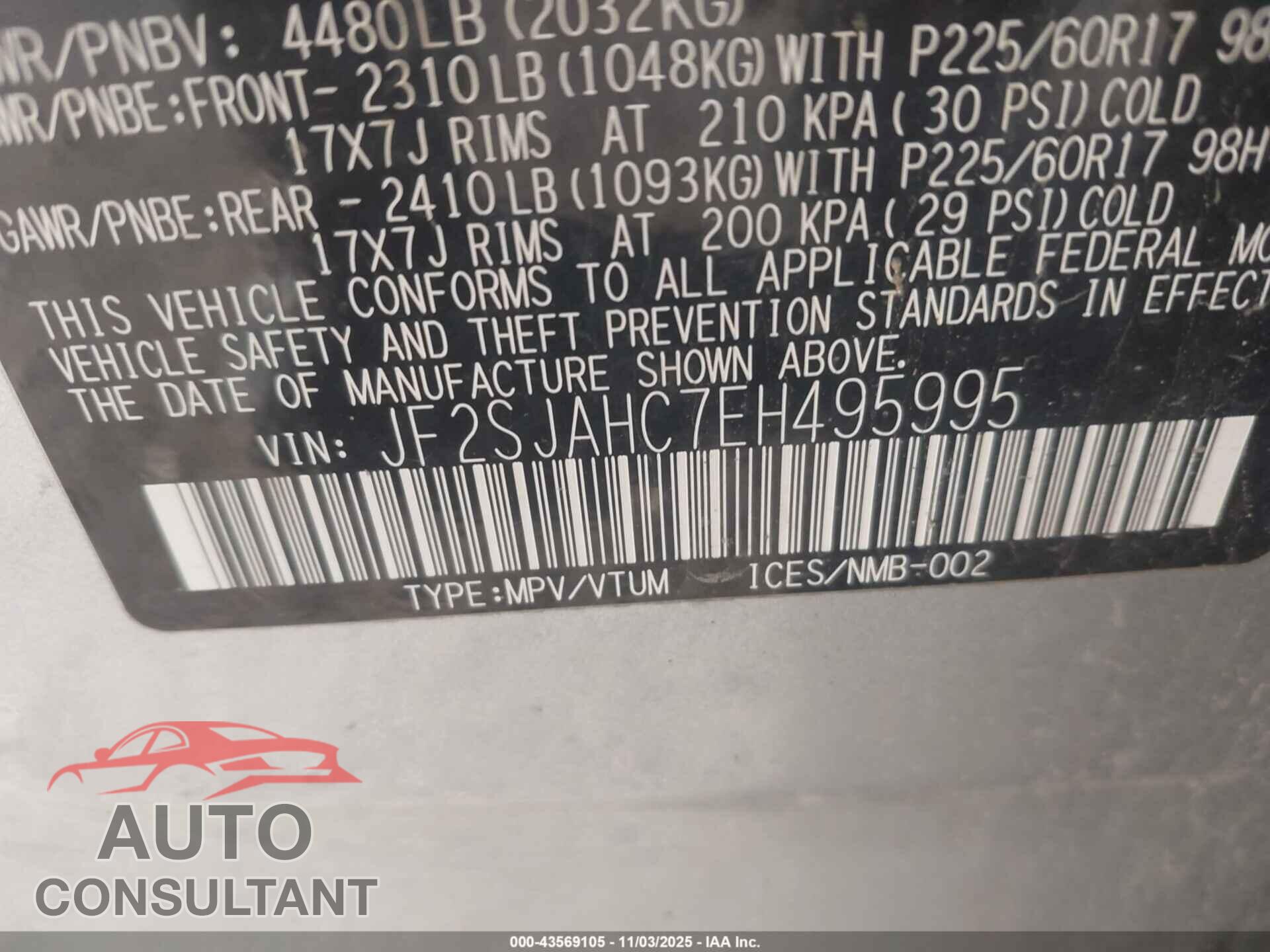SUBARU FORESTER 2014 - JF2SJAHC7EH495995