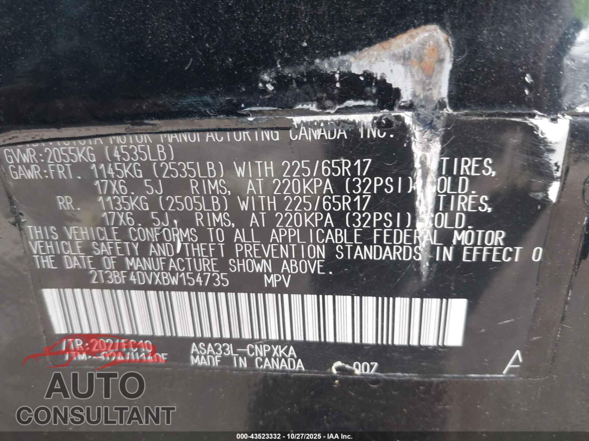 TOYOTA RAV4 2011 - 2T3BF4DVXBW154735