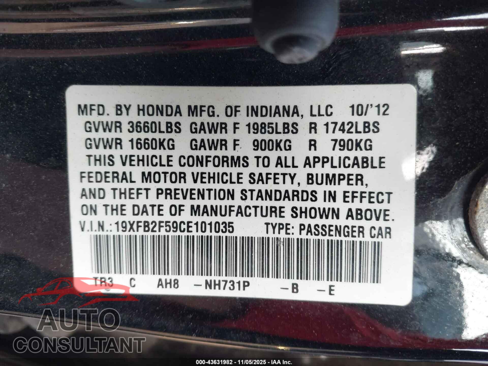 HONDA CIVIC 2012 - 19XFB2F59CE101035