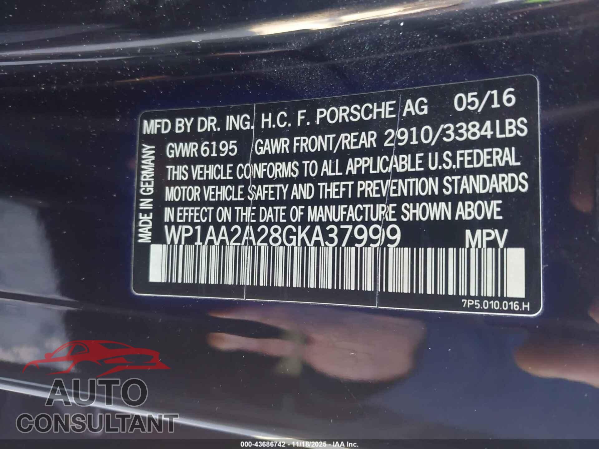 PORSCHE CAYENNE 2016 - WP1AA2A28GKA37999