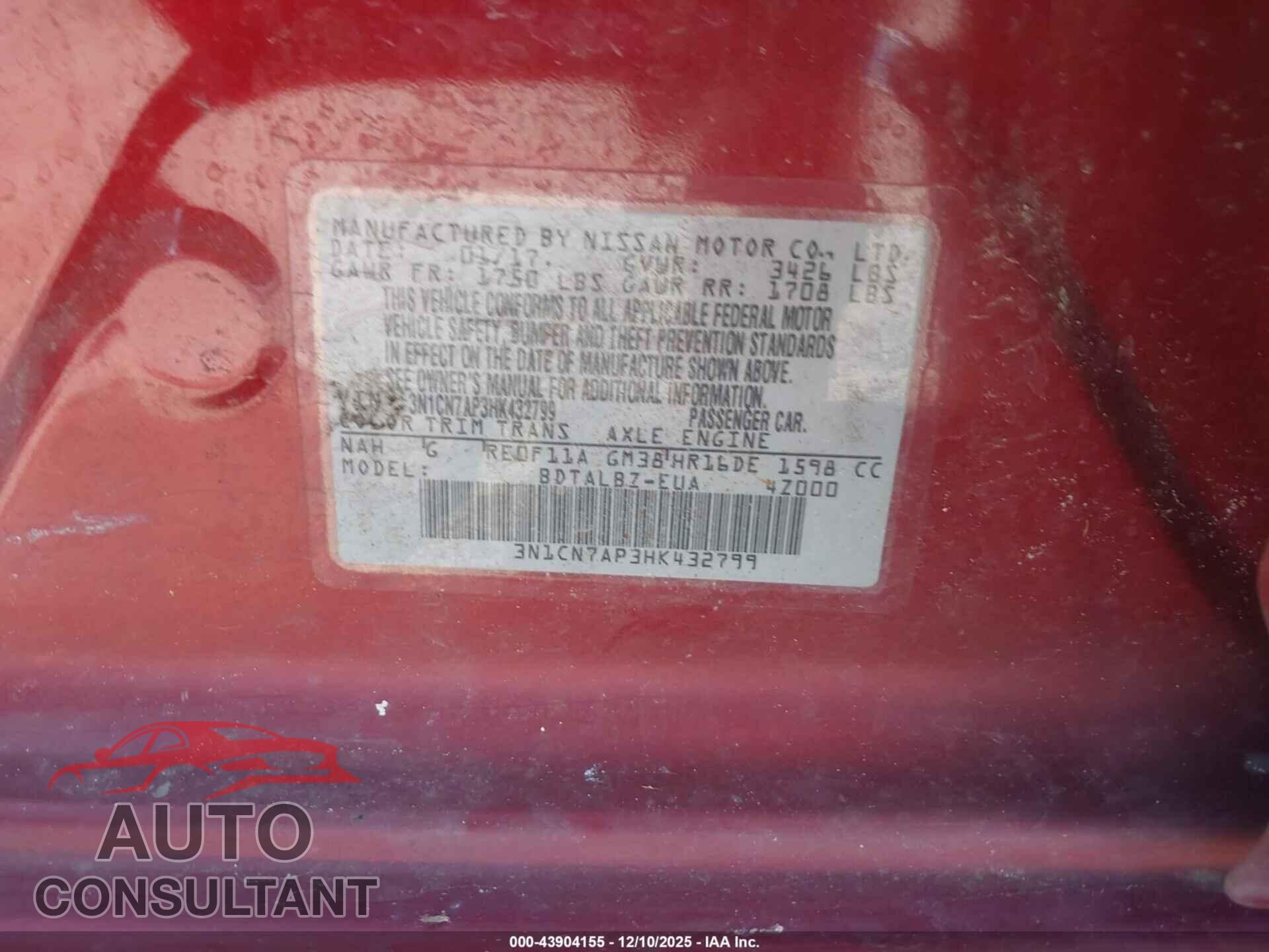 NISSAN VERSA 2017 - 3N1CN7AP3HK432799