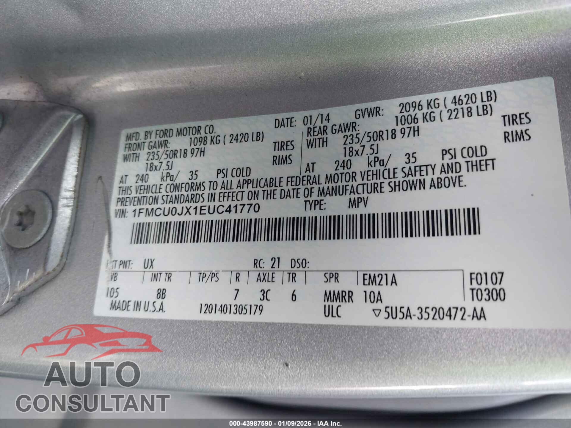 FORD ESCAPE 2014 - 1FMCU0JX1EUC41770
