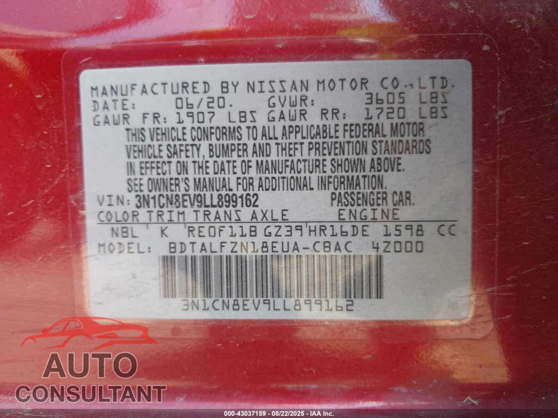 NISSAN VERSA 2020 - 3N1CN8EV9LL899162