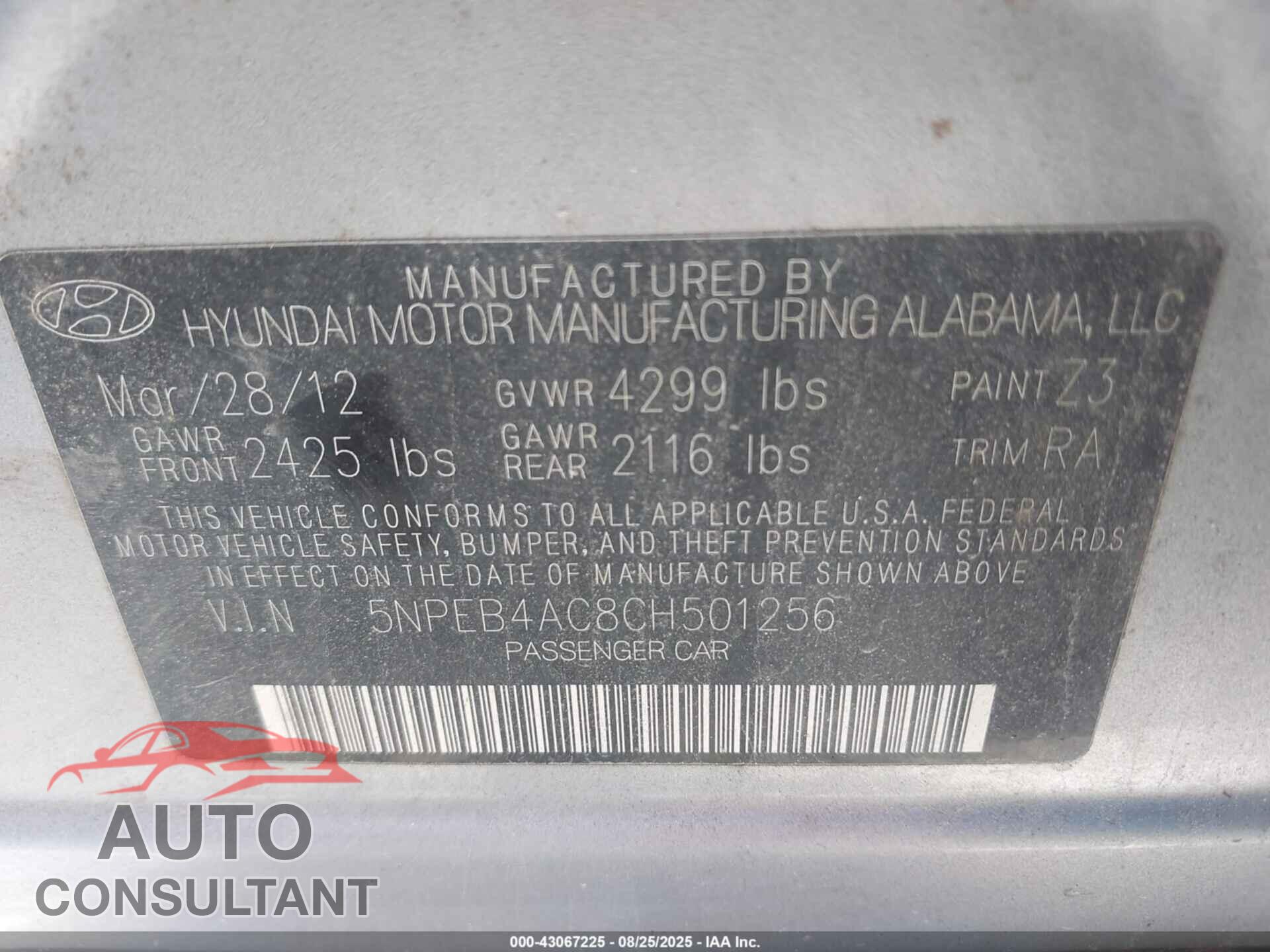 HYUNDAI SONATA 2012 - 5NPEB4AC8CH501256