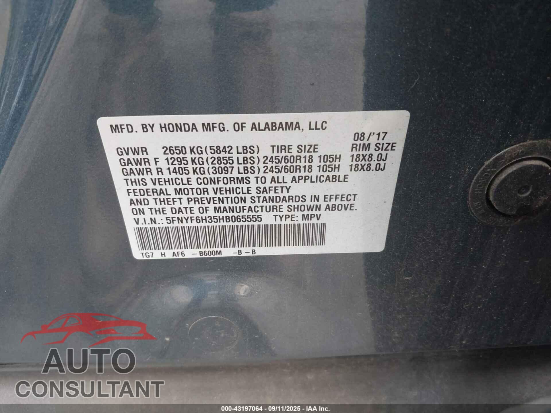 HONDA PILOT 2017 - 5FNYF6H35HB065555