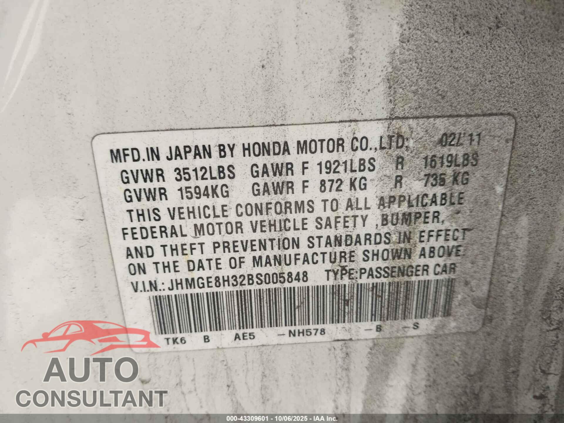 HONDA FIT 2011 - JHMGE8H32BS005848